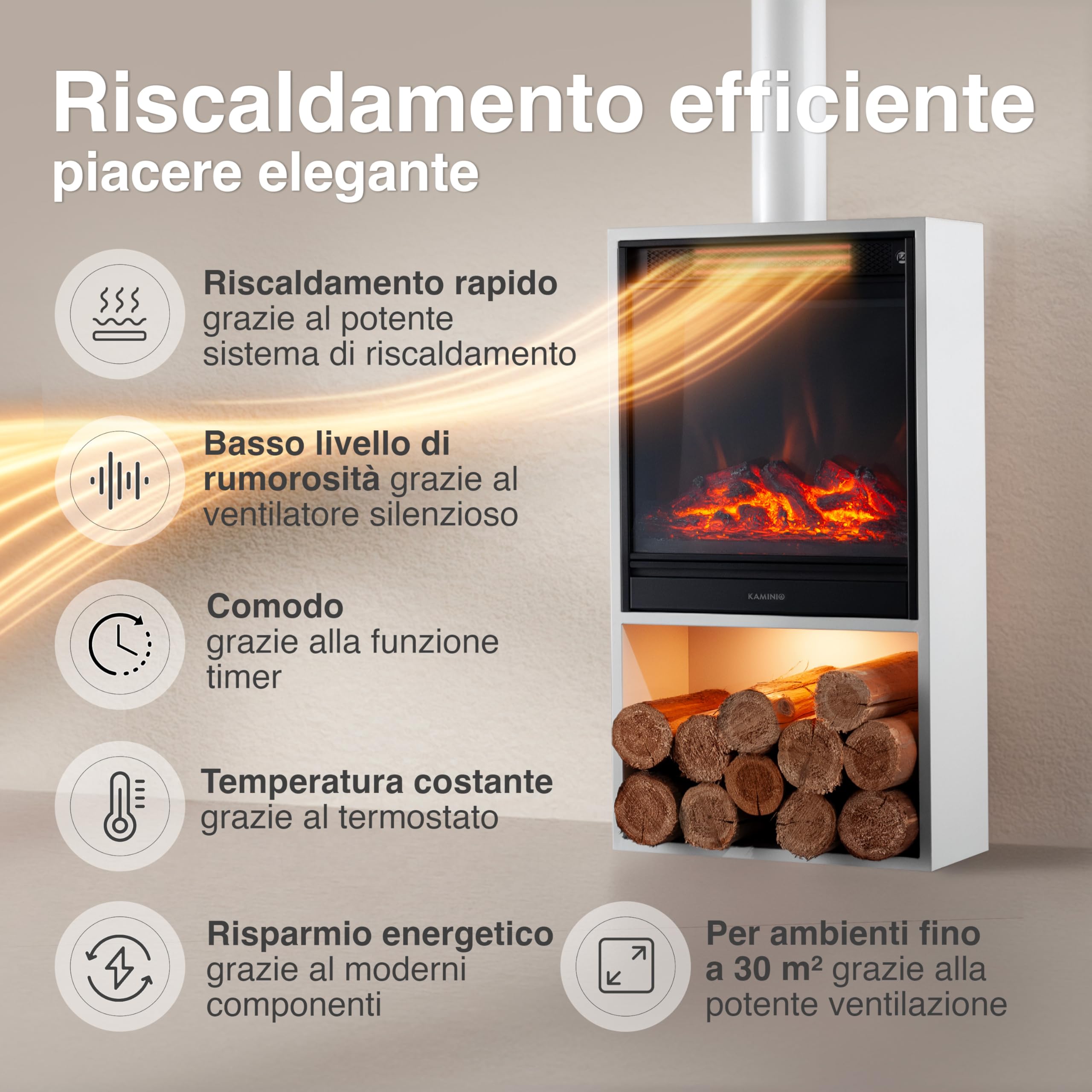 KAMINIO Camino elettrico HUGO con tubo del camino - Stufa elettrica con riscaldamento, effetto fiamma 3D, luce ambiente a LED, scomparto de legno, telecomando (Bianco)