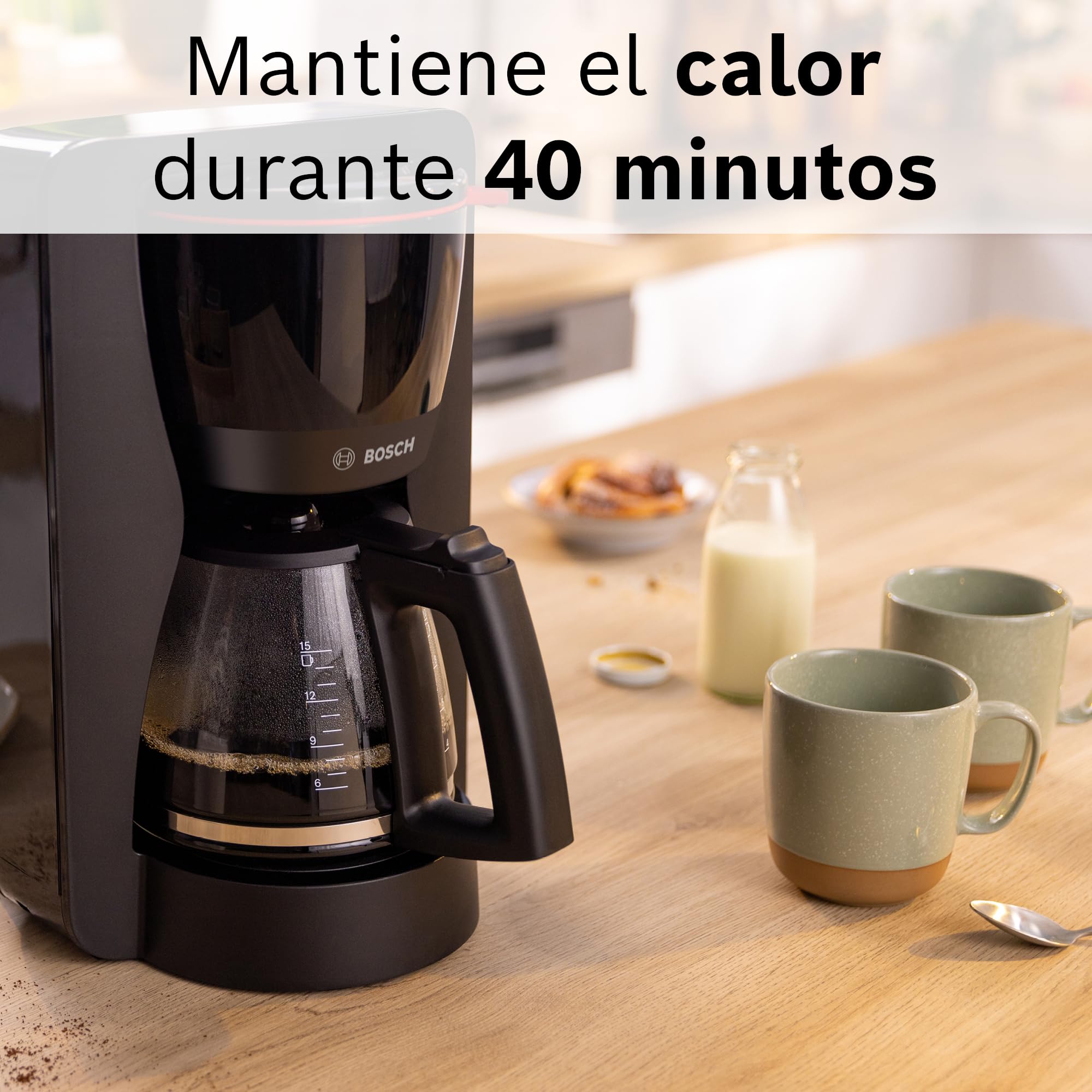 Bosch - Cafetera de Goteo, Jarra de Cristal Ergonómica, Depósito de Agua Extraible, Filtro Extraible, Apagado Automático, Anti Goteo, Negro, TKA2M113