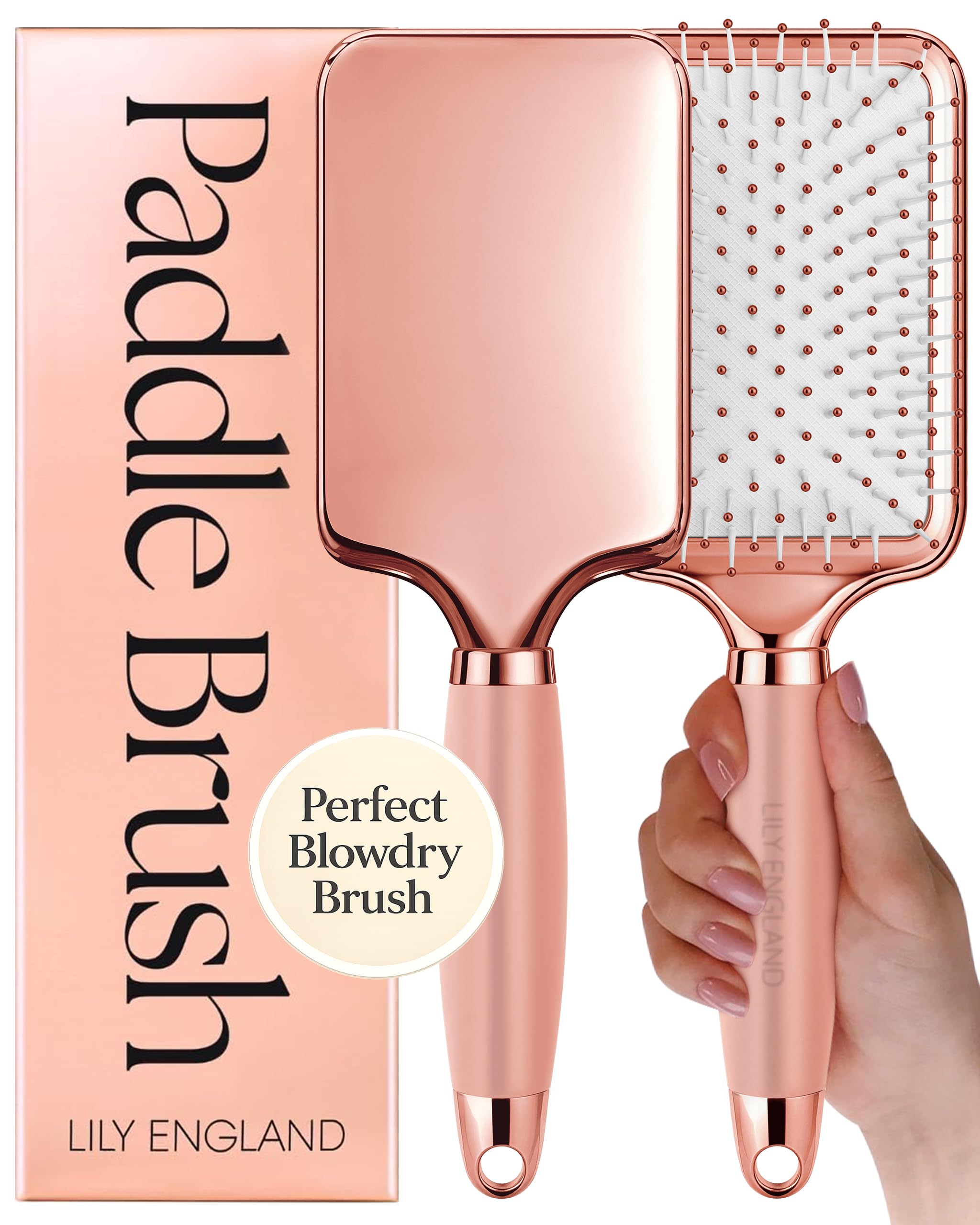 Paddle Hair Brush Women with Easy Grip Gel Handle, Paddle Brush for Blow Drying, Detangling, & Straightening - Hairbrushes for Women For All Hair Types, Rose Gold