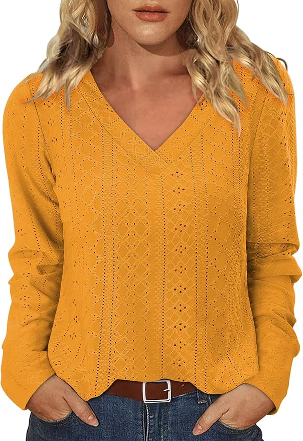 KISSMODA Long Sleeve Fall Shirts For Women V Neck Tunic Tops Embroidered Button Down Knitted Blouses 2025