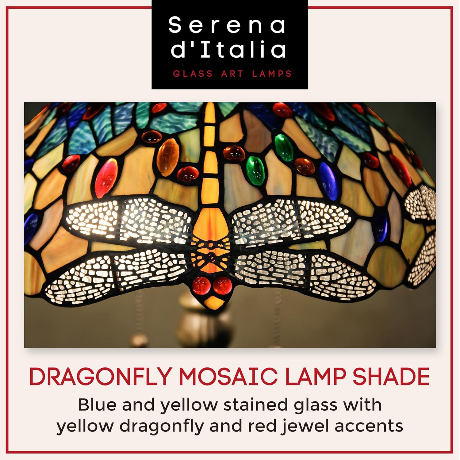 Serena D'italia Tiffany Table Lamp - Yellow Dragonfly Antique Desk Nightstand - Blue and Yellow Glass Nightstand Lamp - 22-inch Tall Stained Glass Lamp