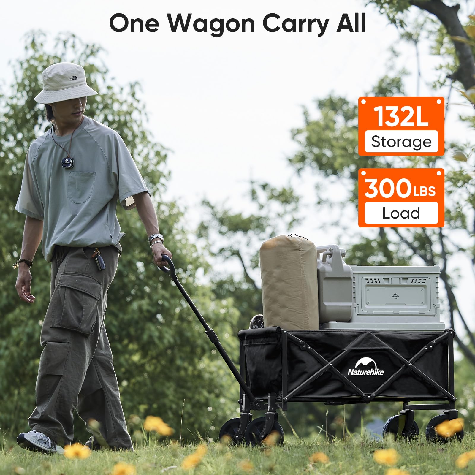 Naturehike Zusammenklappbarer Wagen mit Rädern, faltbar, 136 kg Strandwagen, tragbarer robuster Gartenwagen, große Kapazität, Mehrzweckwagen für Einkaufen, Camping, Garten, Sport, Lebensmittel