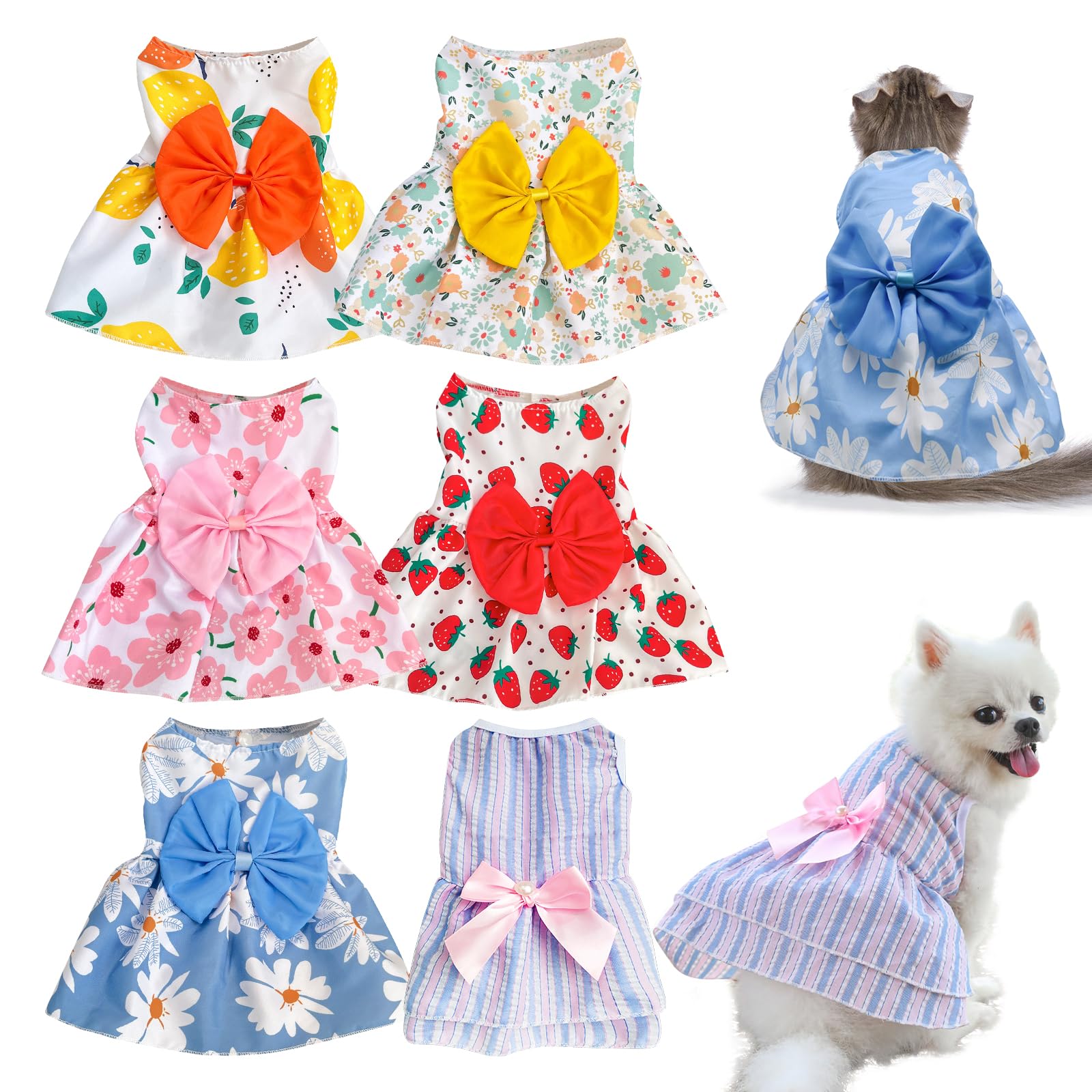 KATOLK 6 Pieces Dog Dresses for Small Dogs Girls, Cute Princess Puppy Kitten Dog Dresses with Flowers and Bowknot for Pet Cats, Small Dogs Outfits