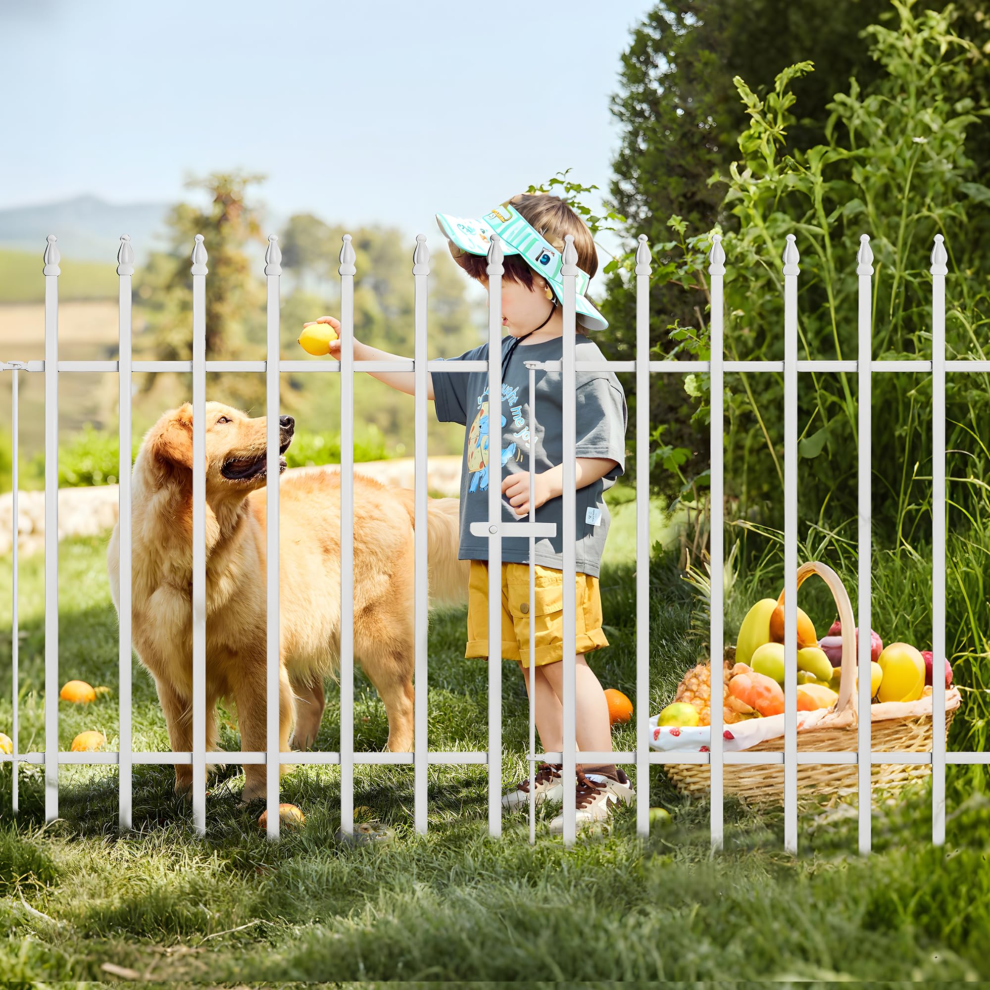 Thealyn Metall-Gartenzaun 91 cm hoch x 70 cm breit (4 Paneele + 1 Tor, Gesamtlänge 3,5 m), kein Graben Grenzzaun, Hunde-Landschaftszaun für Blumenbeet, Hof, Tierbarriere, Weiß