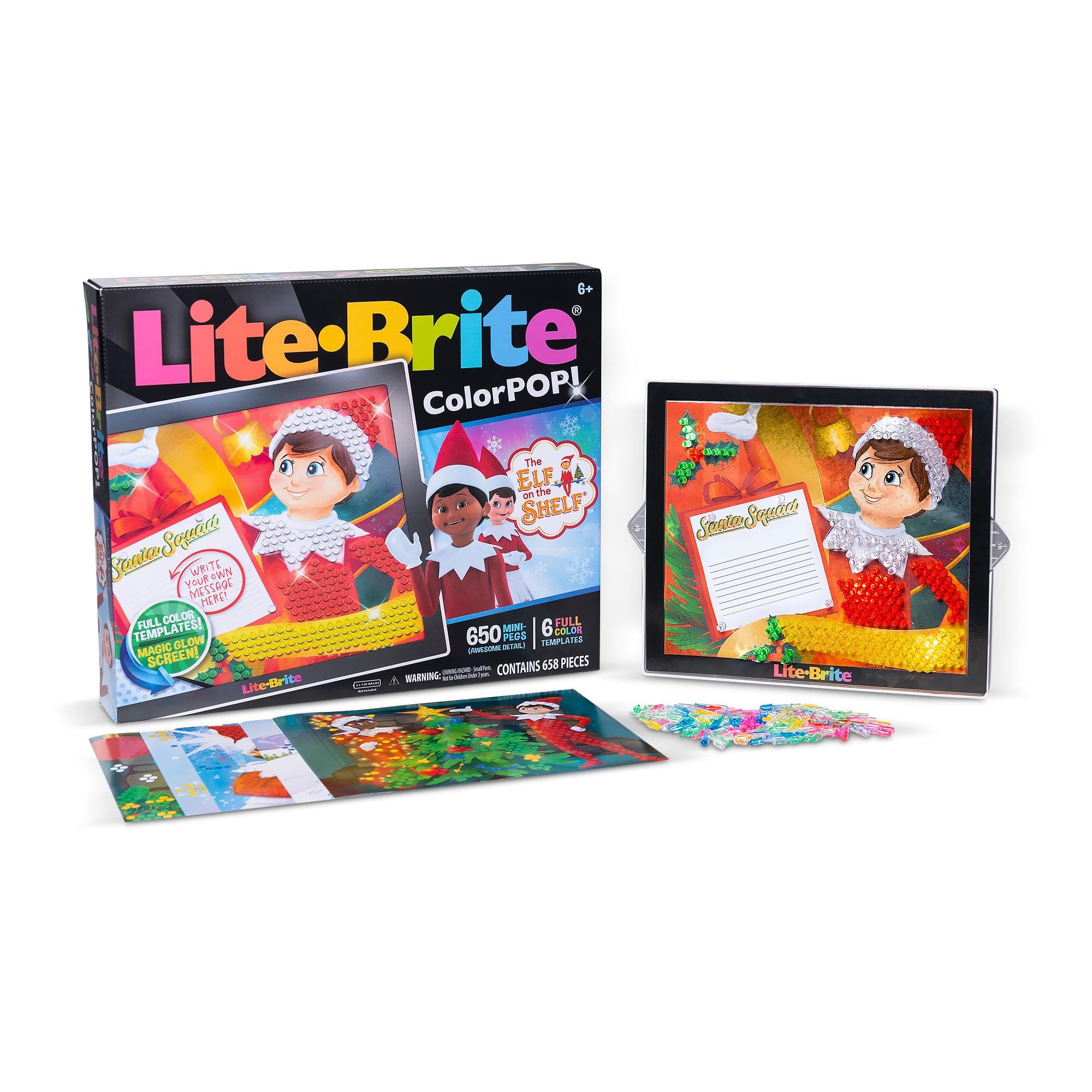 Basic Fun Lite-Brite Colour Pop Elf on The Shelf  Creative Light-Up Toy with 6 Templates, 650 Colourful Pegs & 4 Light Modes  HD Grid Display for Kids Art