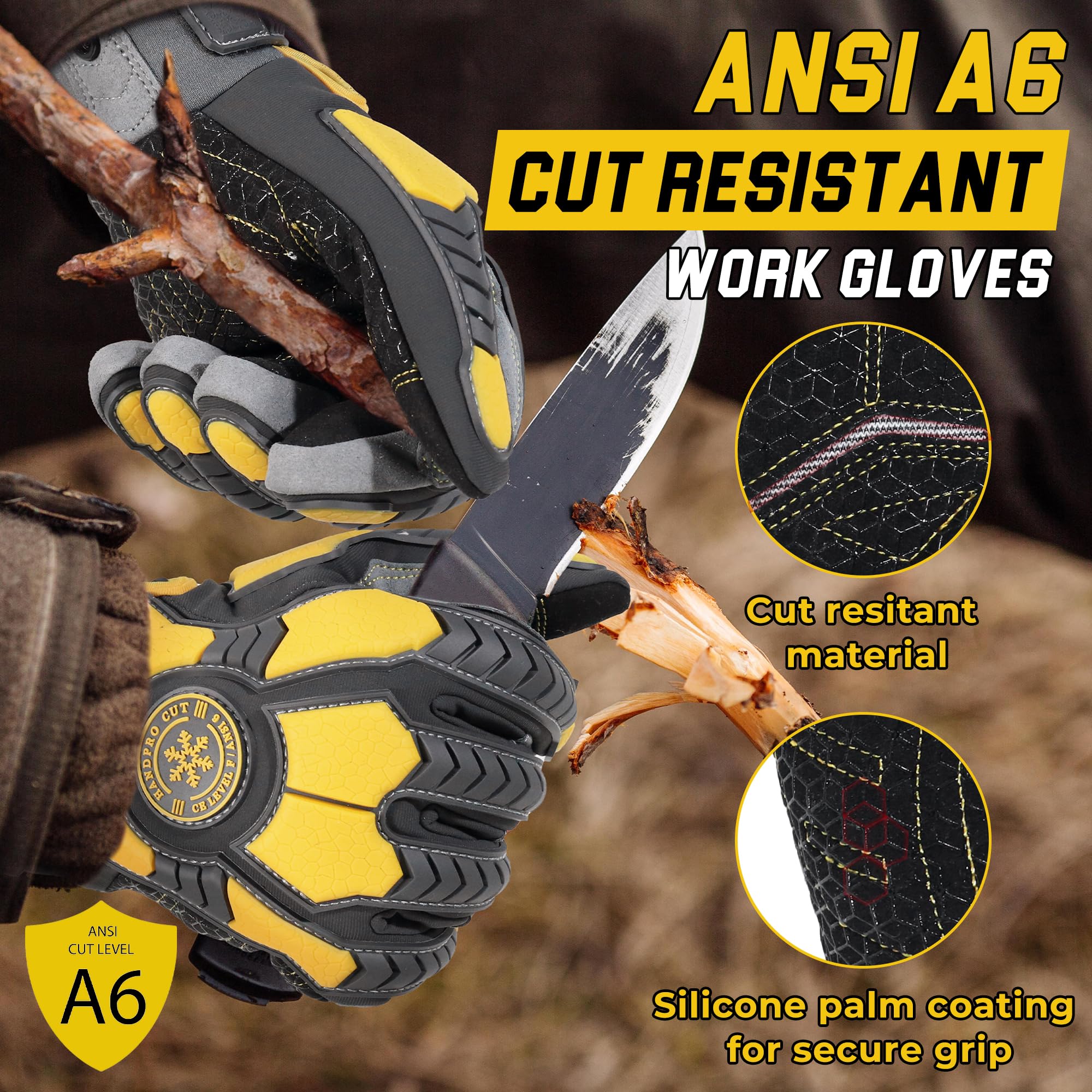 HANDLANDY Winter Cut Resistant Work Gloves for Men Padded Thermal Insulated Heavy Duty Impact Glove for Cold Weather (Yellow-Insulated - Image 2