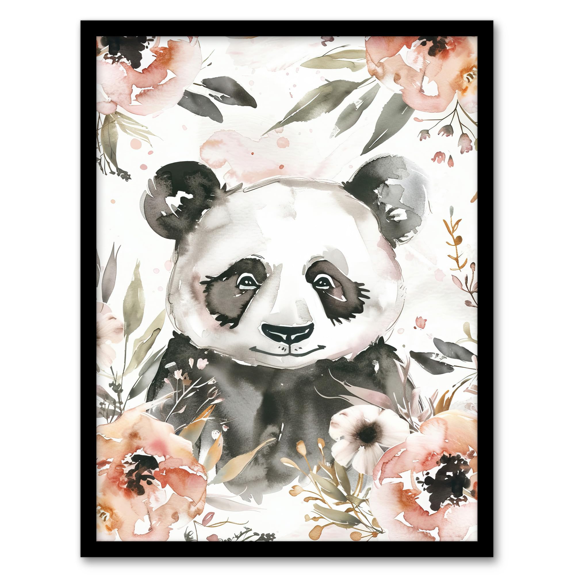Sweet Panda Watercolour Portrait - Wildflowers - Cute Framed Art Print - A4 Size - Grey