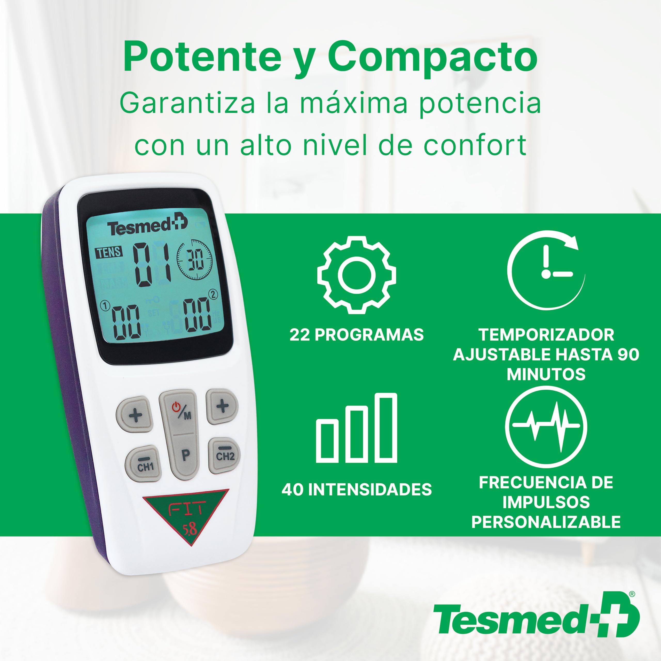 TESMED Fit Electroestimulador Muscular para EMS, TENS, Masaje (3 en 1), 22 Programas de los cuales 6 Personalizables, Aliviar el Dolor y Estimular Abdominales, Glúteos, Pectorales
