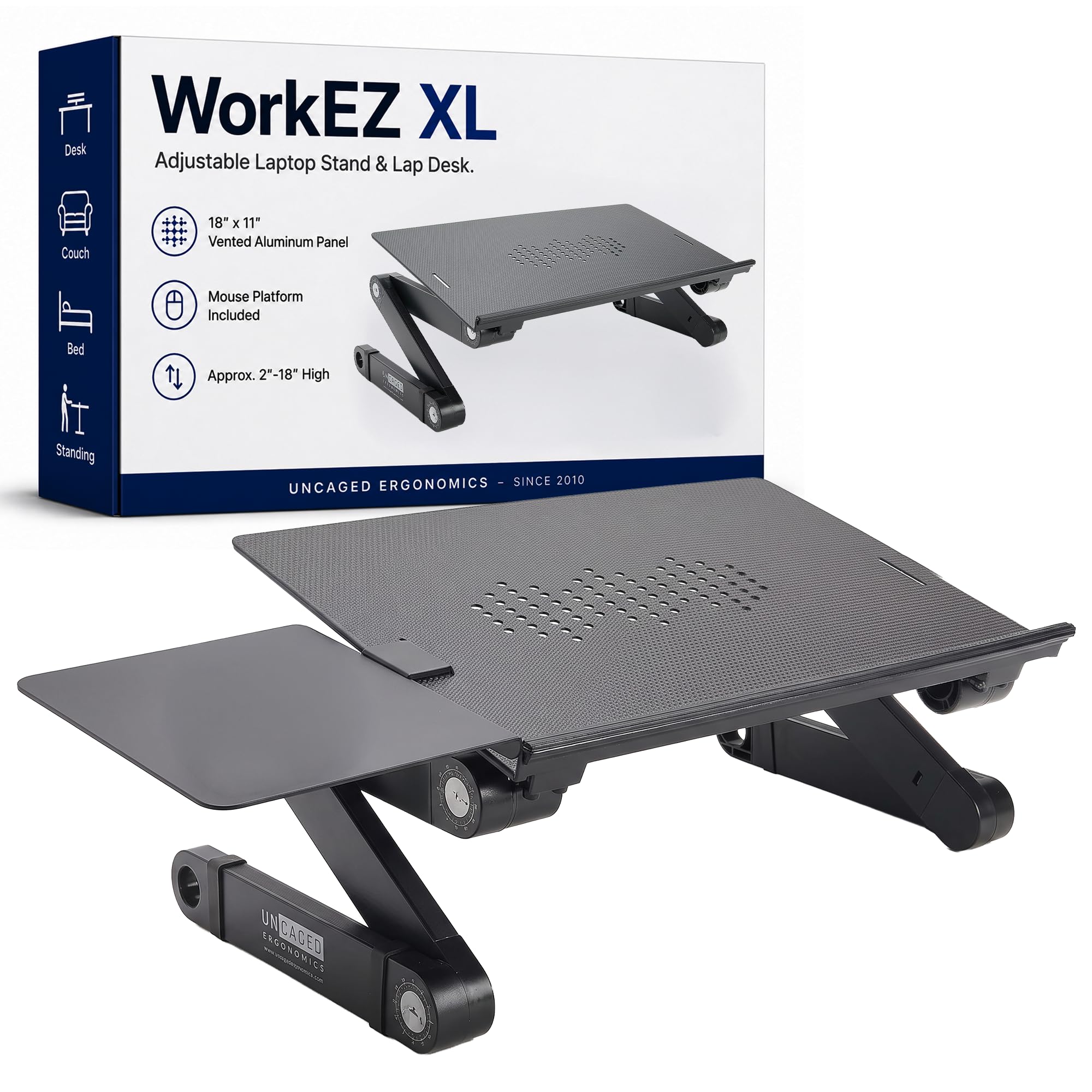 WorkEZ Laptop-Kühlständer und Schoß-Schreibtisch für Bett, Couch mit Mauspad. Ergonomischer Höhenwinkel, Neigungswinkel, Aluminium, tragbar, für MacBook, Computer, zusammenklappbar, XL-Schwarz