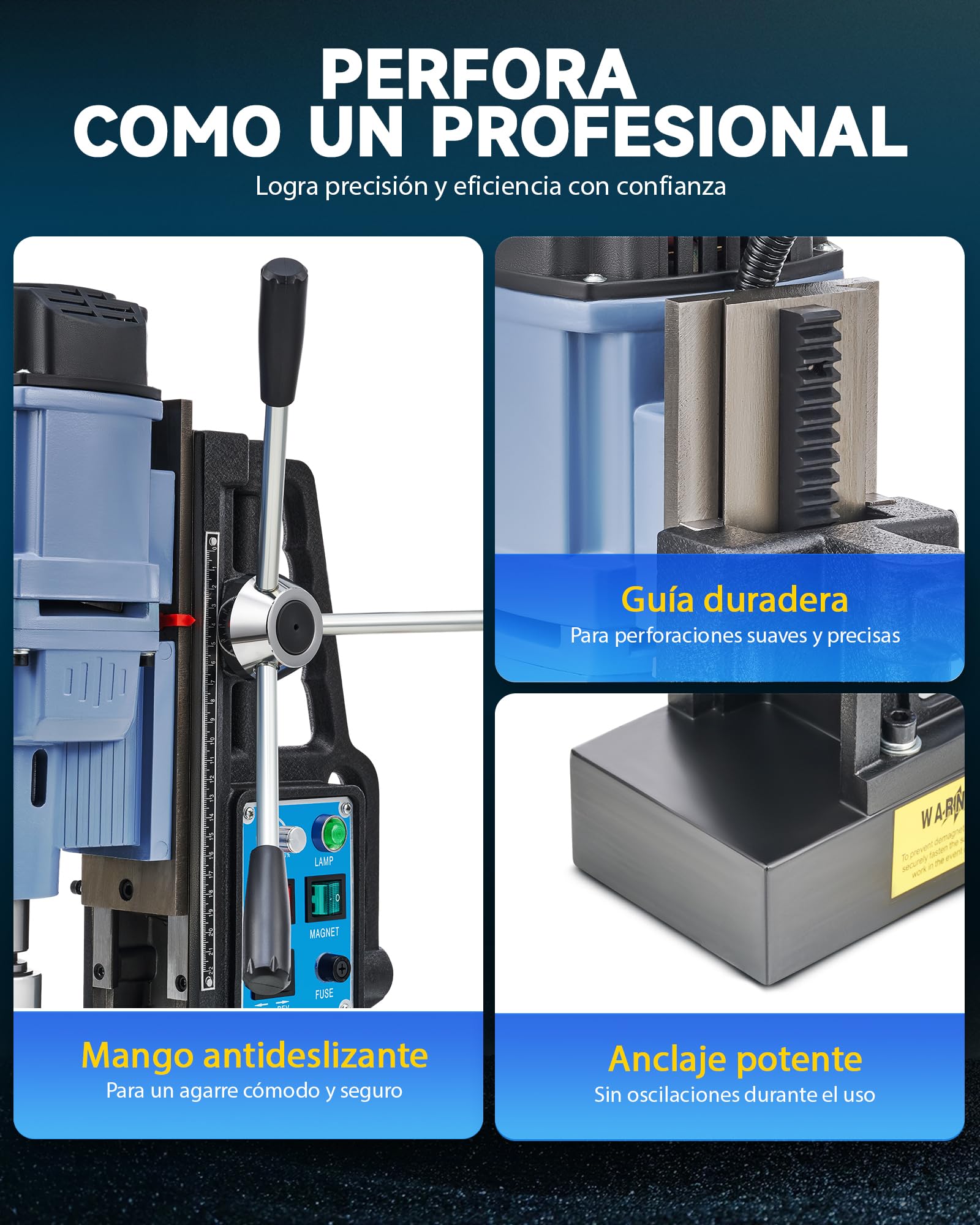 ZELCAN Taladro Magnético Profesional 1950W | 6 Brocas, Fuerza de 13900N, Diámetro Máx. 50 mm, 650 rpm, Control de Velocidad Continua y Reversa para Superficies Metálicas