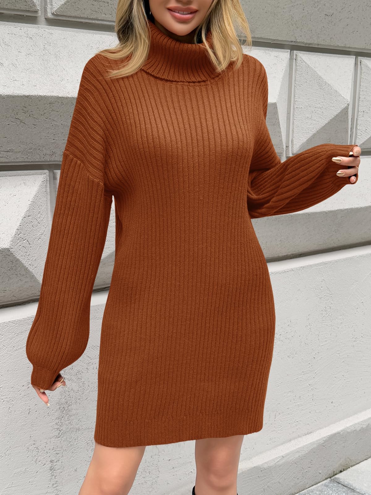 Saodimallsu Damen Strickkleid Langarm Rollkragenpullover Kleid Oversized Laternenärmeln Minikleid Casual Einfarbig Pullover Herbst Winter