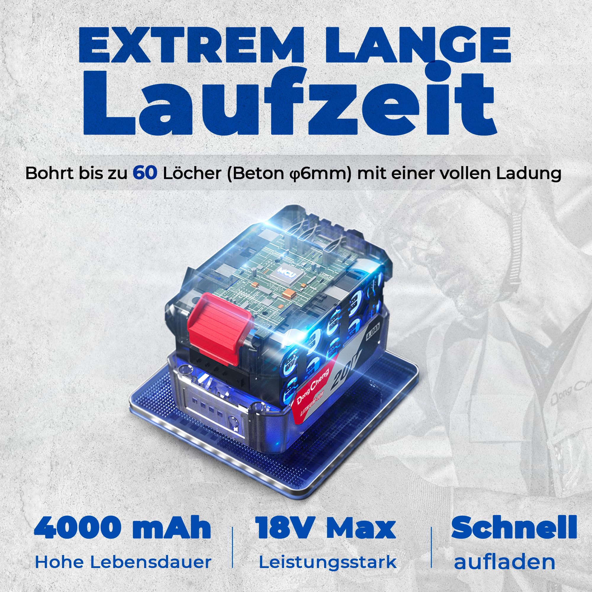 DongCheng Akku Bohrhammer 20V, Schlagenergie 2.1 J, mit 4 Stück SDS-plus, Bohren bis 28 mm, Bürstenloser Bohrhammer Motor, Anti-Vibrationsgriff, inkl. 4Ah Akku und 2A Ladegerät im Handwerkerkoffer
