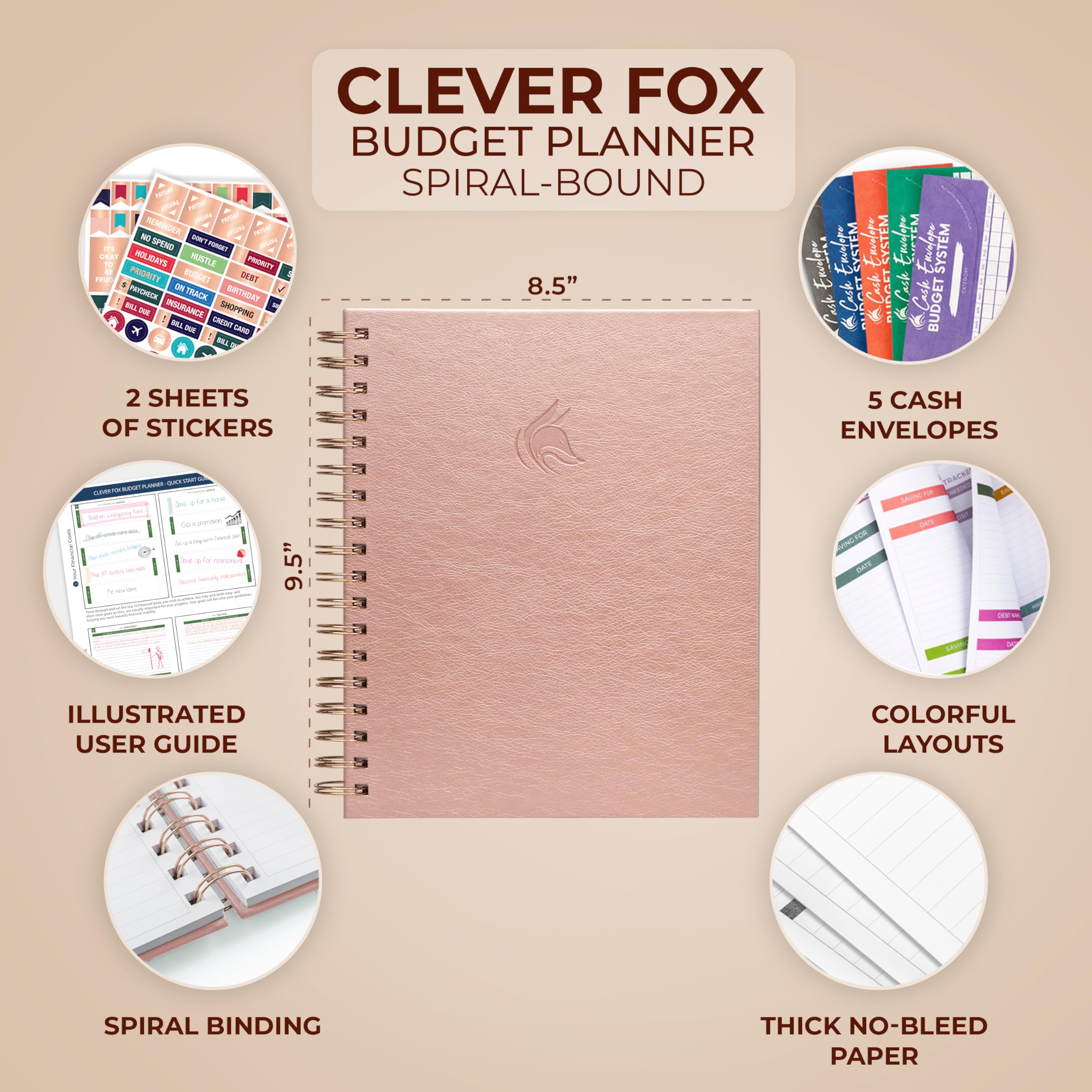 Clever Fox Budgetplaner, Spiralbuch mit bunten geräumigen Seiten, monatlicher Finanzplaner, Budgeting-Organizer und Ausgaben-Tracker-Notizbuch, Finanz-Tagebuch, 20 x 24 cm, Hardcover, Roségold