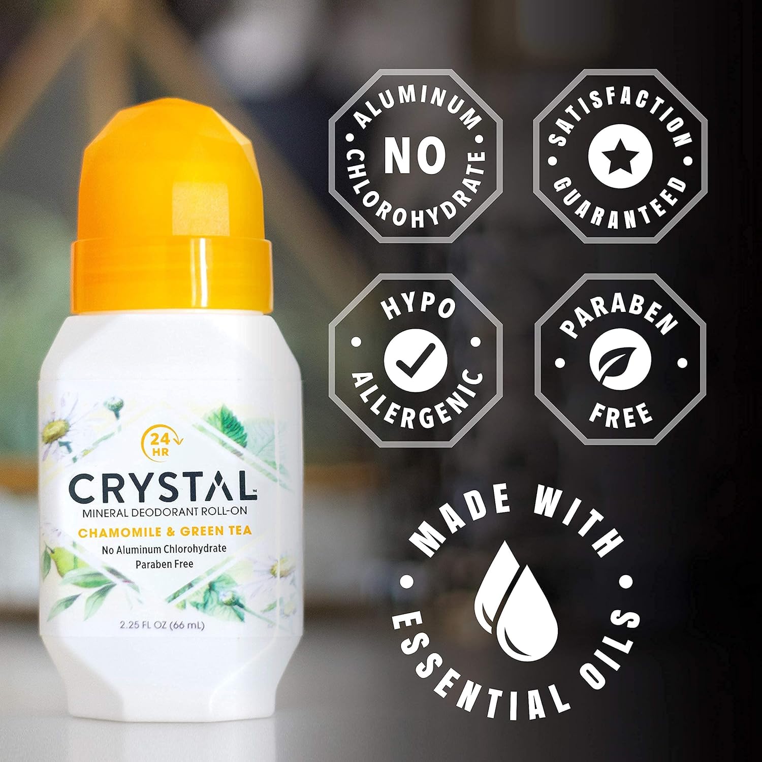 Crystal Deodorant - Mineral Roll on Vegan Deodorant for Women and Men, Chamomile & Green Tea - 2.25 fl. oz. (3 Pack) (Packaging May Vary) : Deodorant Salt : Beauty & Personal Care