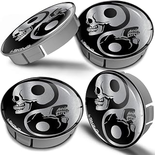 Biomar Labs® 4 x 60mm Universal Gray Plastic Wheel Hub Centre Rims Center Caps 3D Yin Yang Skull Gloss Silver Car Tuning CS 2