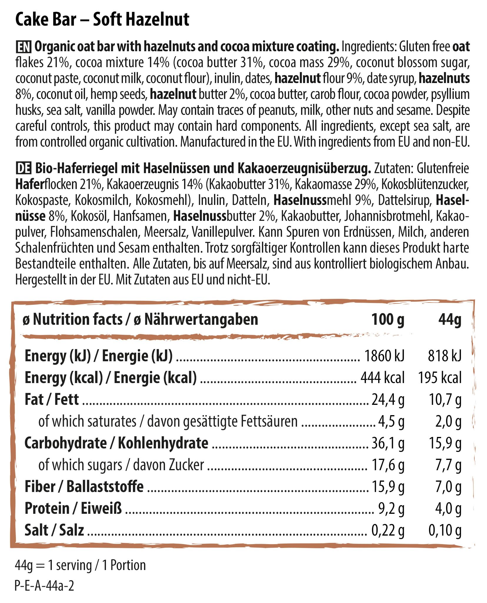Naturally Pam Cake Bar – Bio & veganer Haferriegel, glutenfrei & ohne Rohrzucker – Natürlich leckerer Müsliriegel-Snack von Pamela Reif - Soft Hazelnut 12x44g