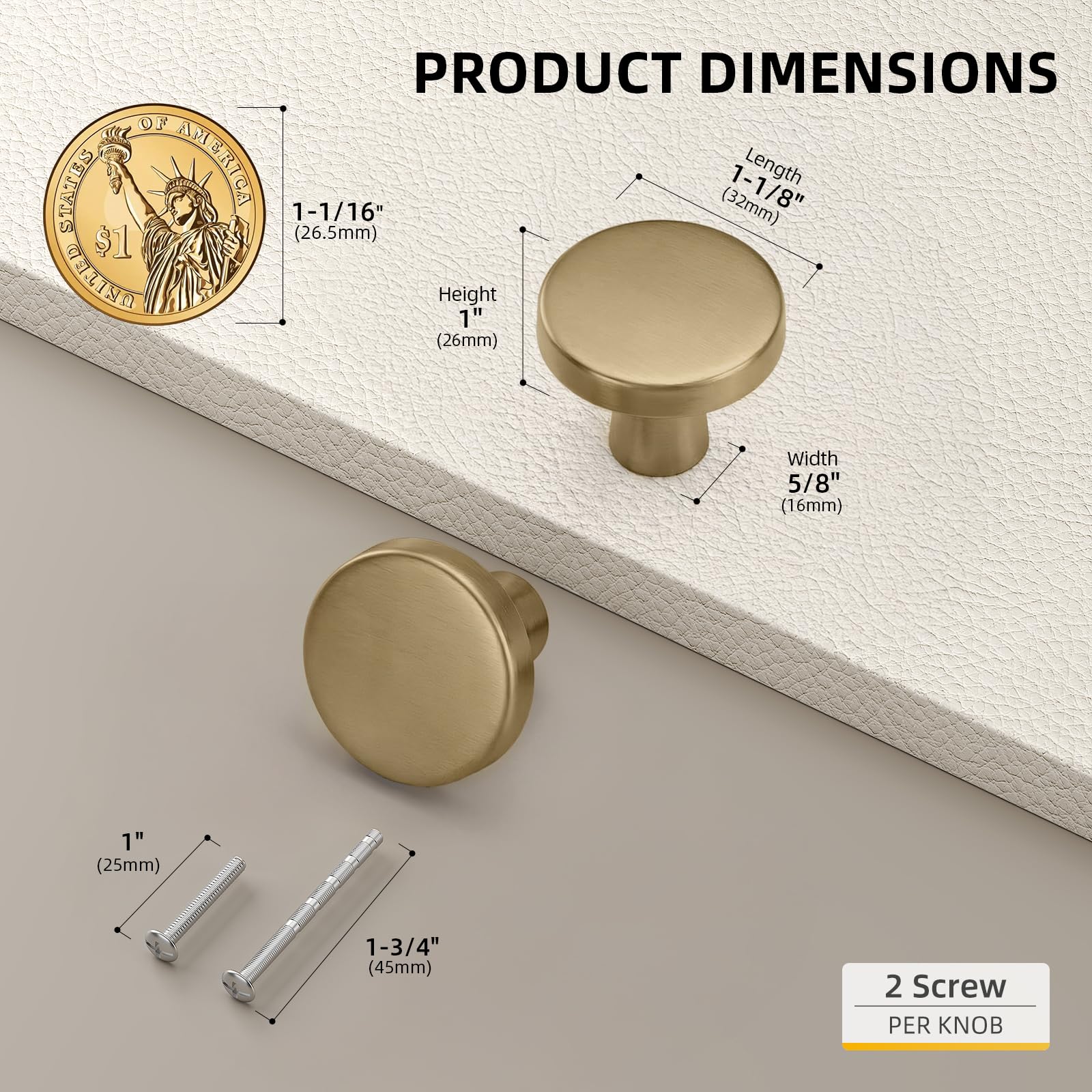 Goldenwarm Paquete de 40 pomos de gabinete de 1-1/4 pulgadas, color bronce champán, pomos redondos de aleación de zinc para cocina, baño y dormitorio