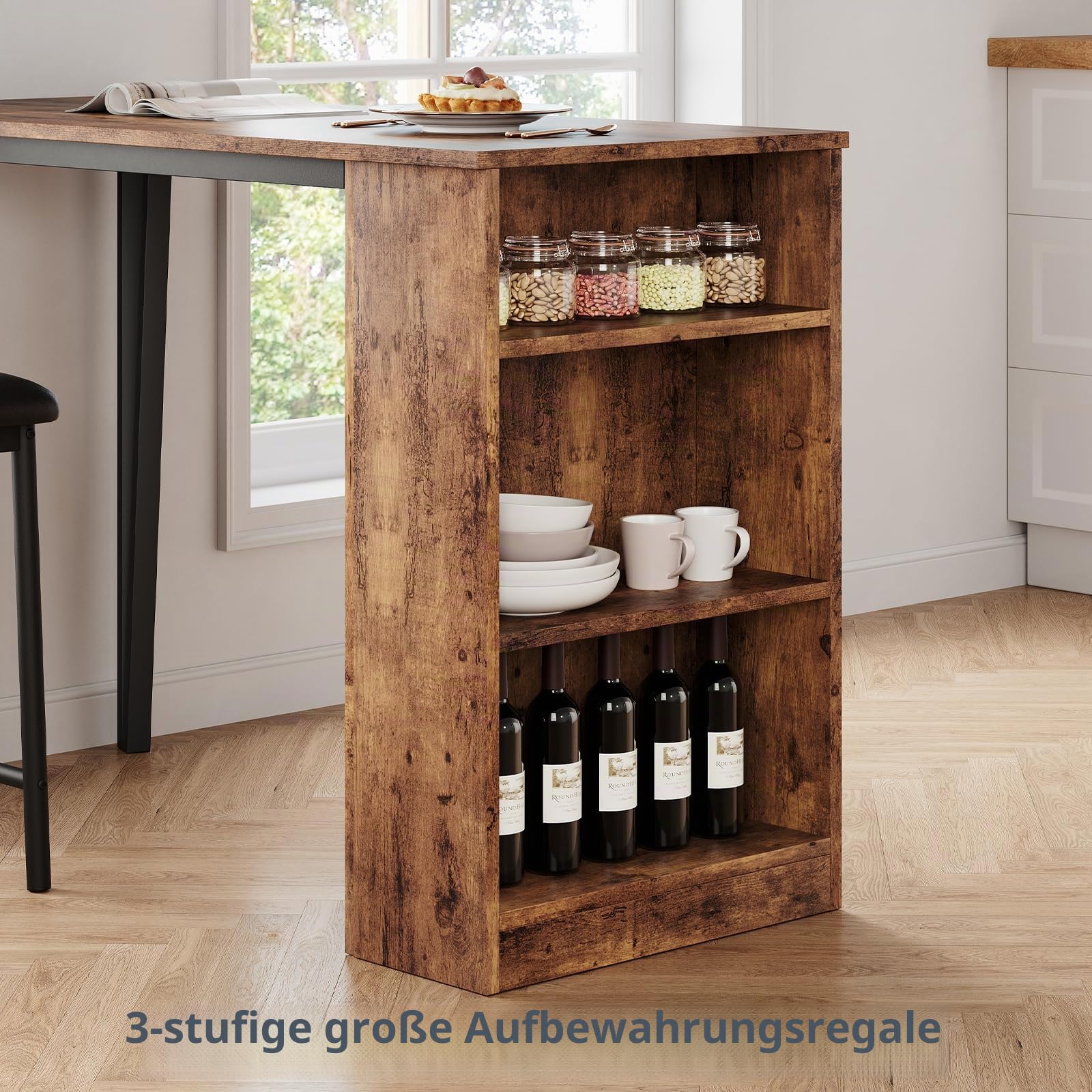 Kompakt und platzsparend, 3-teiliges Esszimmer-Set für 2 Personen – ausziehbarer Bartisch mit 3 Ablagen – 2 gepolsterte Hocker – ideal für Küche, kleine Räume, Wohnung – Stil