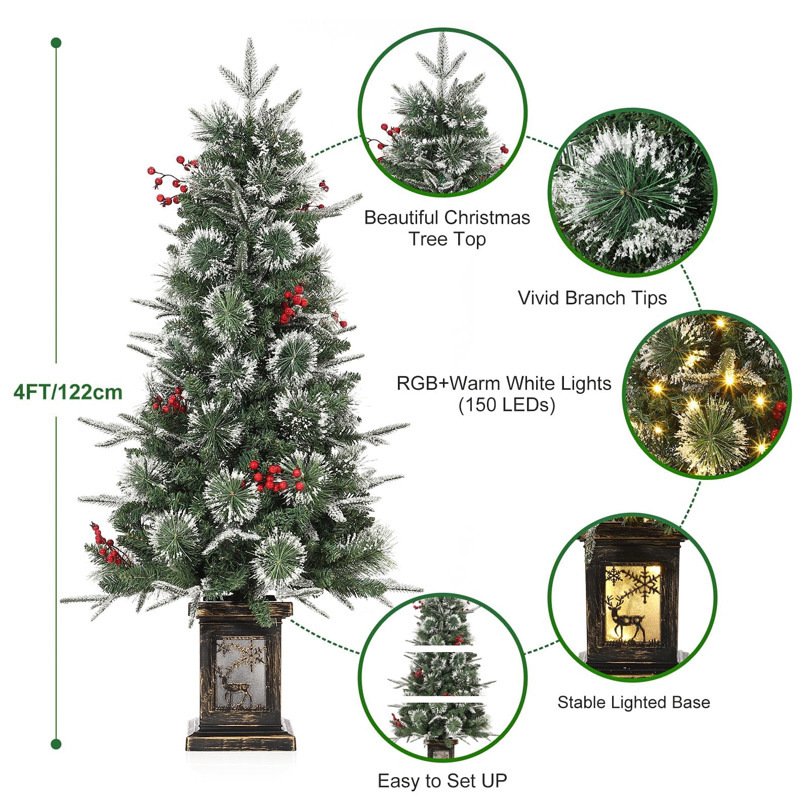 Künstlicher Weihnachtsbaum 125cm – 150 warmweiße & Bunte LEDs, 9 Modi, dichte PVC Zweige, Vintage-Elch-Basis – Weihnachtsdeko für Haus & Büro, inkl. Faseroptik – 4ftH Fiber-Optic Tree-Like Light Box