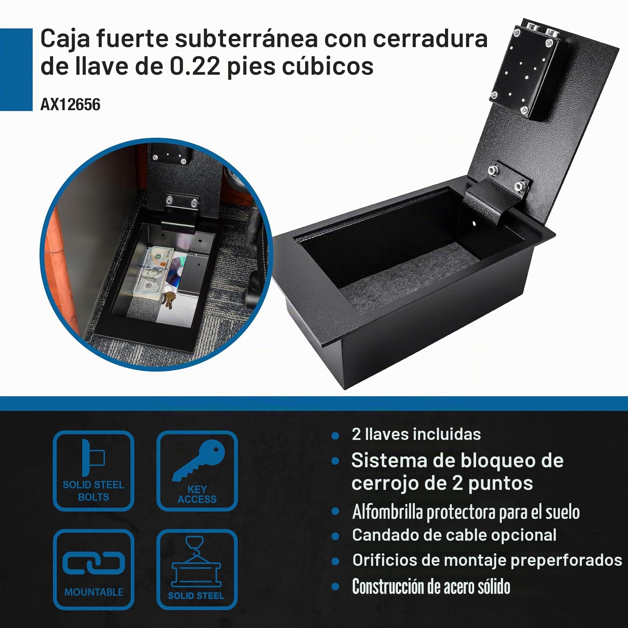Caja fuerte Barska con capacidad de 6,2 litros. Caja fuerte oculta de suelo con cerradura de llave, estructura de acero macizo y diseño discreto, con doble cerrojo, para guardar de forma segura joyas