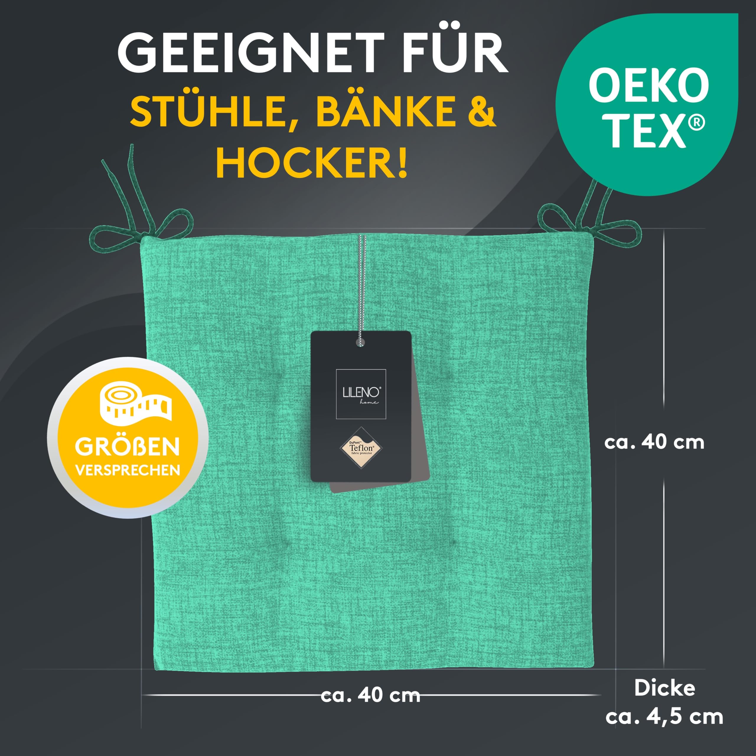 LILENO HOME 6er Set Stuhlkissen Türkisgrün (40x40x4,5 cm) - Sitzkissen für