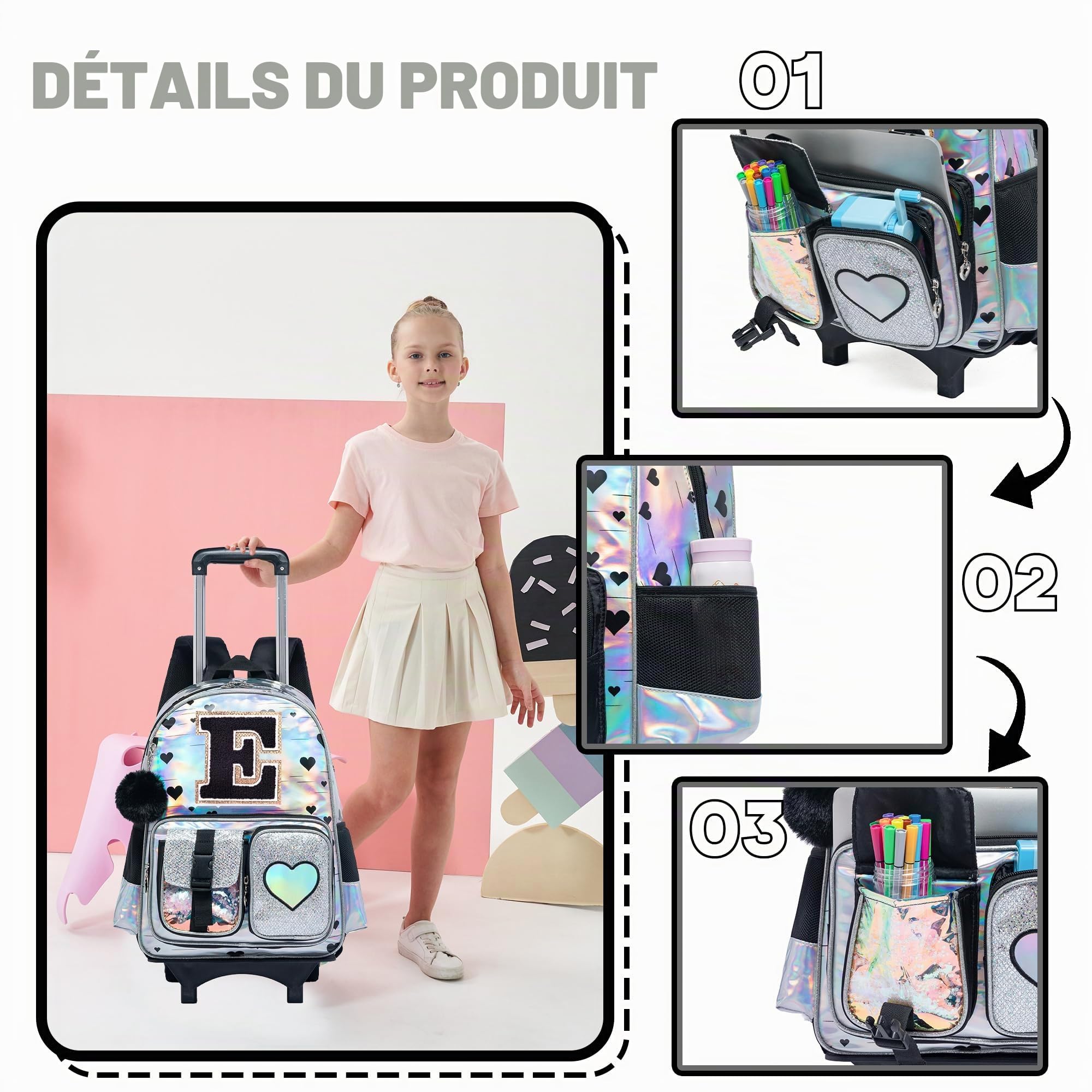 HTgroce Cartable a Roulette Fille Primaire Sac Trolley avec Sac Repas Trousse à Crayons