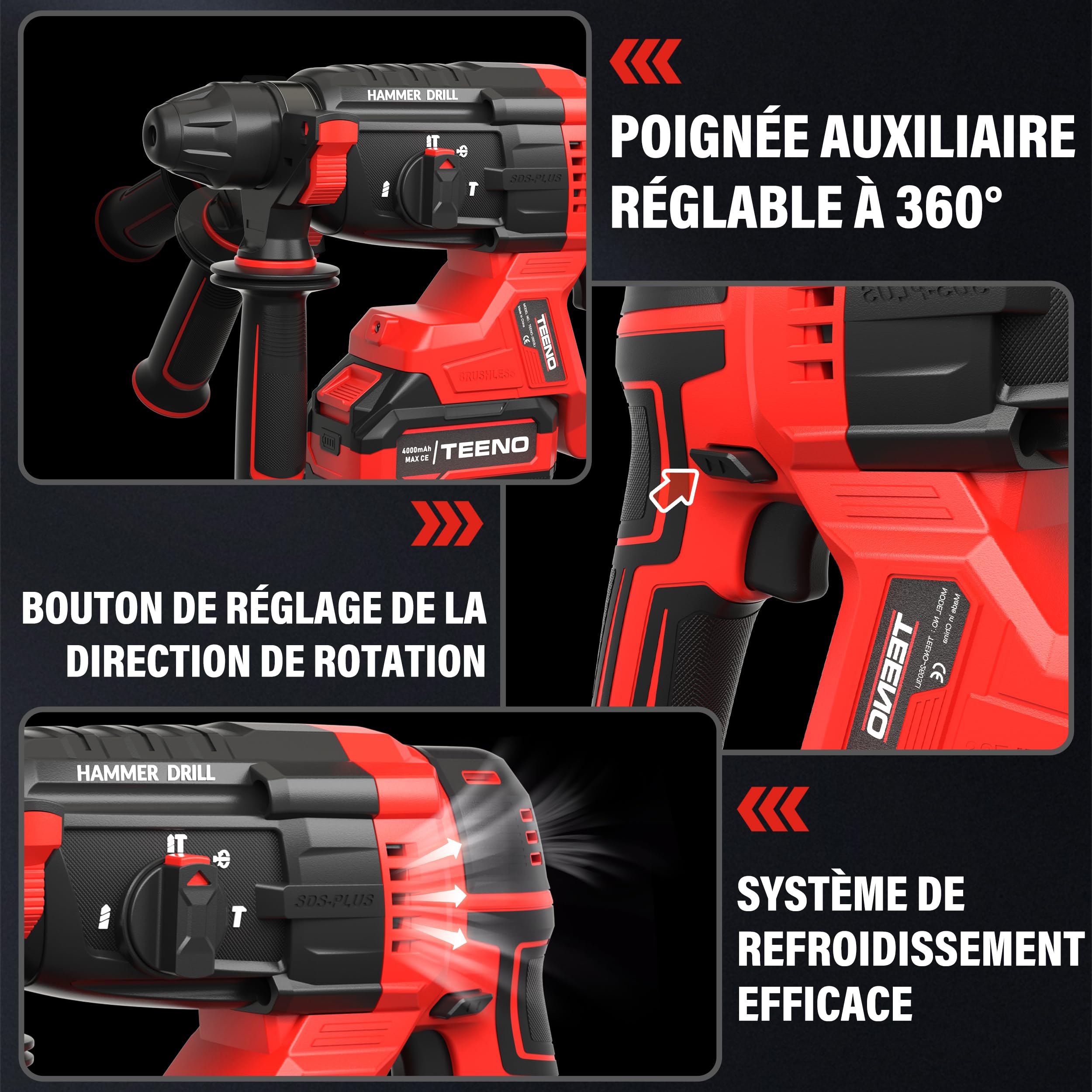 TEENO Marteau Perforateur sans Fil 20V Brushless, 2 Batteries 4.0Ah & Chargeur, 1500RPM, 4850BPM, SDS-PLUS, LED, Design Antivibration, Perforateur Burineur avec 8 Accessoires et Coffret