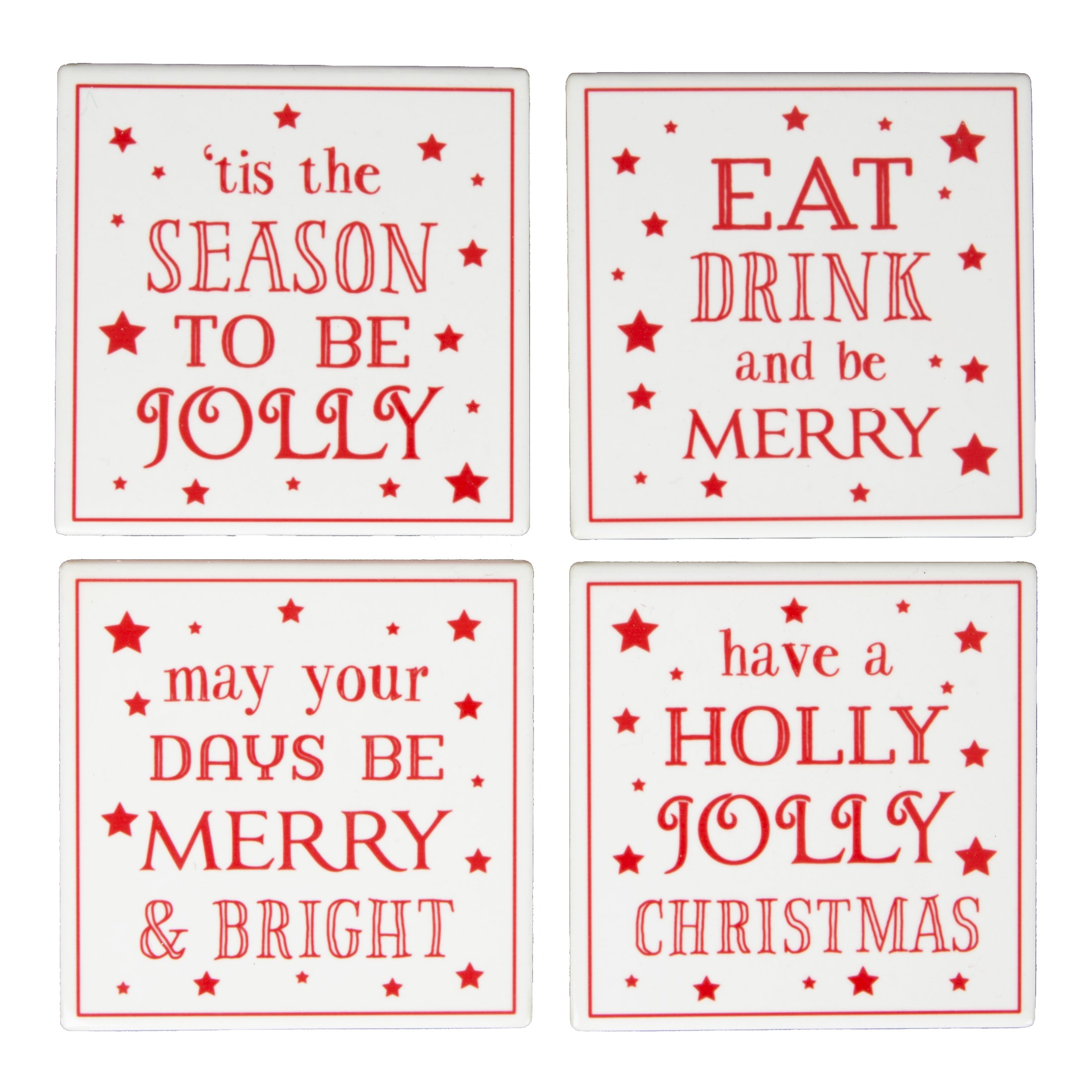 Sass & Belle Set Of 4 Ceramic Tile Coasters - Festive Christmas Phrases - White
