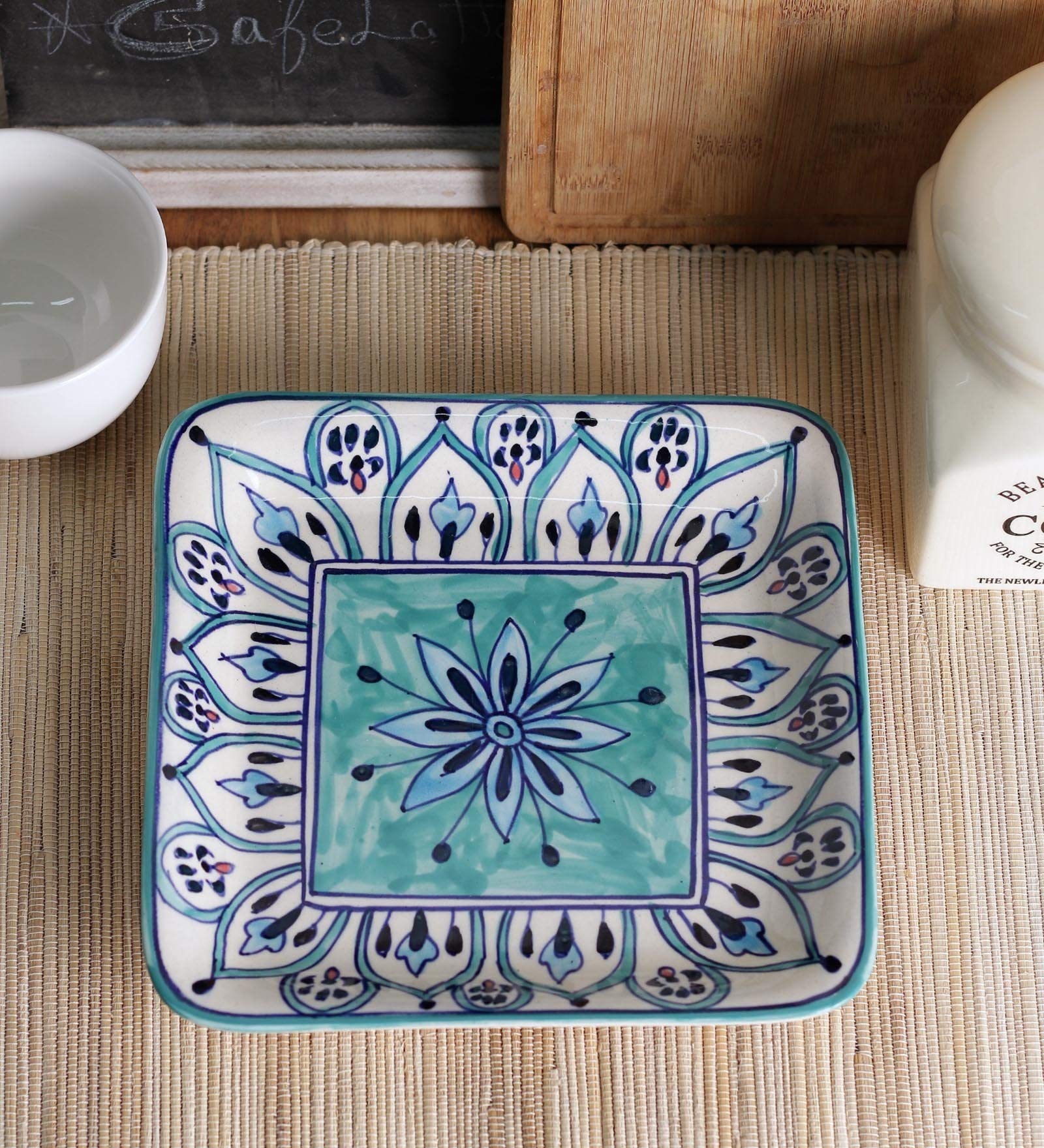 Miah Décor Handpainted Ceramic Floral Stoneware Platters (MD-237)- Blue and White, Microwave Safe, Freezer Safe, Dishware Safe