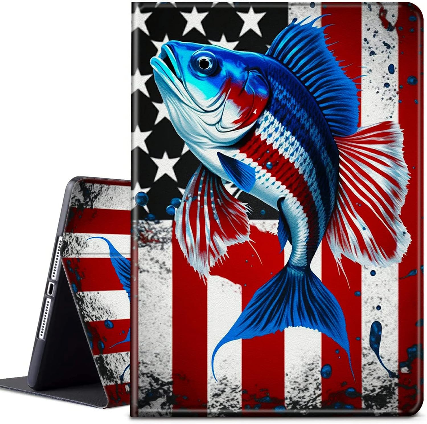 Case for All New Fire HD 10 Tablet 13th Generation 10.1 inch 2023 Release Lightweight Protective PU Leather Smart Stand Case Cover with Auto Wake Sleep - American Flag & Fish
