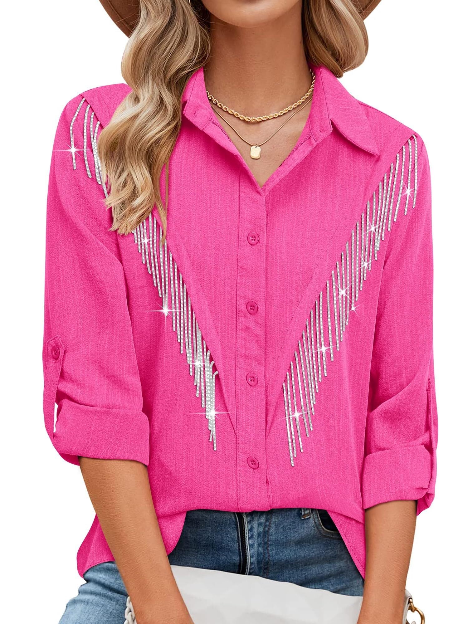 Lockenstab Womens Rhinestone Fringe Button Down Shirt Rolled 3/4 Sleeve Sparkly Top Concert Nashville Western Cowgirl Outfit(B-pink,XL)