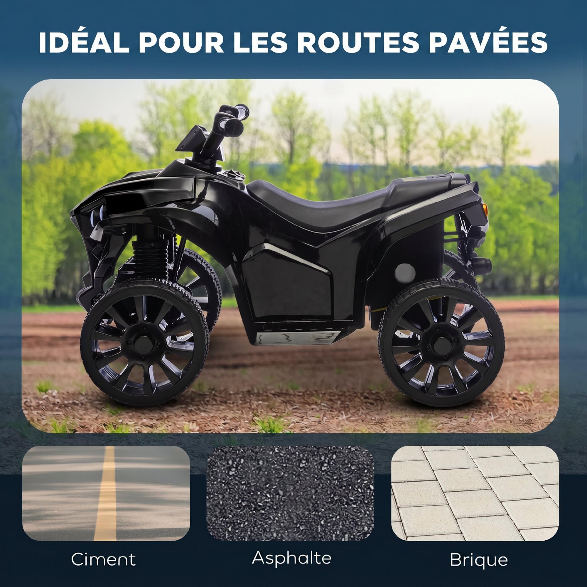 AIYAPLAY Quad Électrique Enfant 6V Musique et Phares LED 1,5-3 km/h Noir