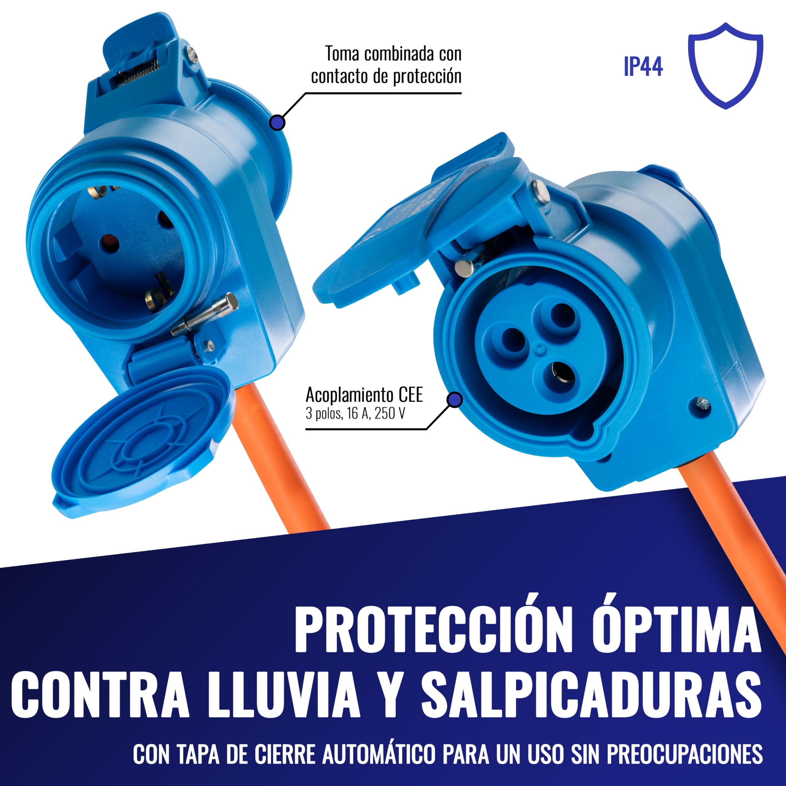 Poppstar Cable alargador CEE para camping 1,5 m con Schuko (enchufe CEE 3 polos a toma CEE + toma de contacto de protección tipo F), 230V/16A, IP44, H07RN-F 3G2.5