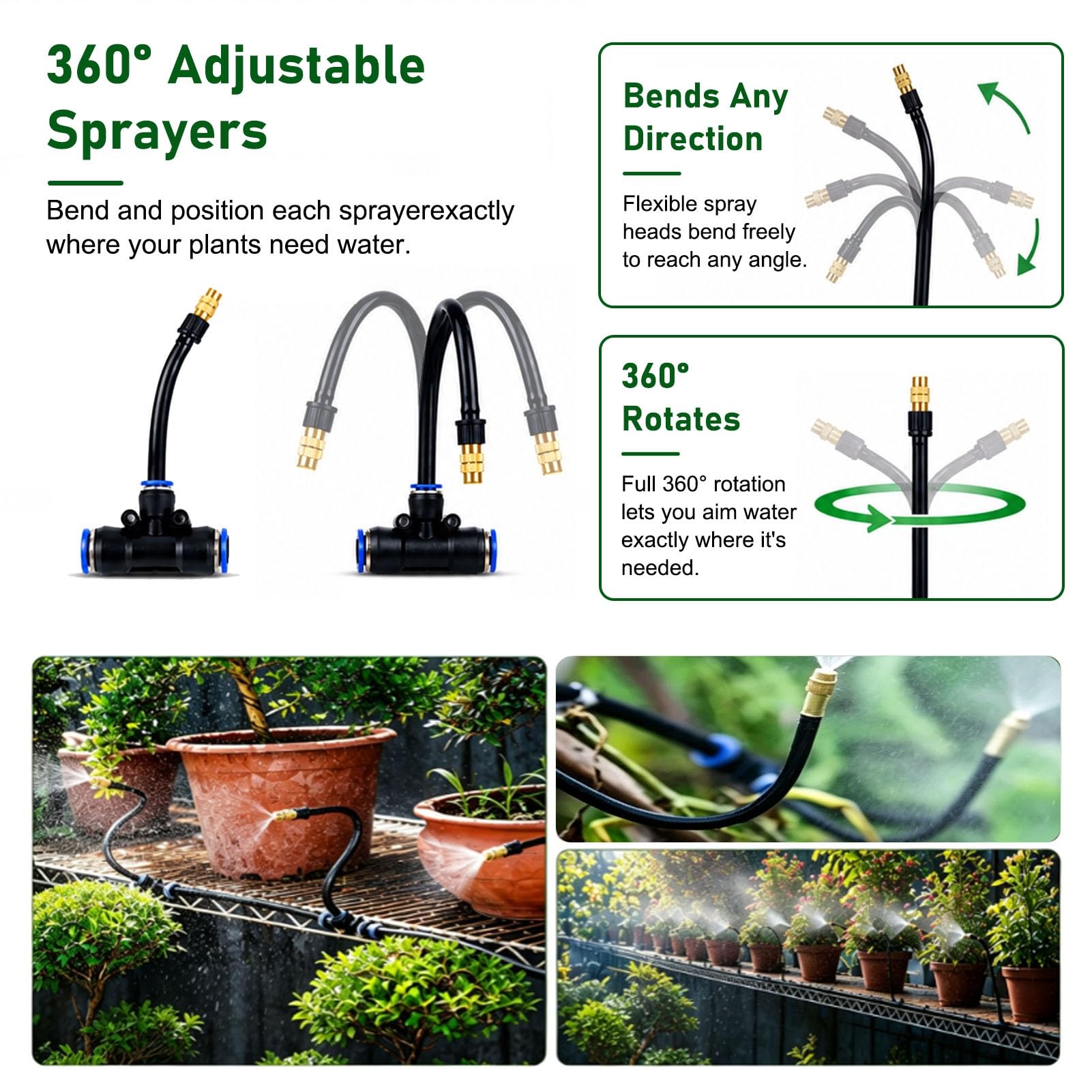 Kit Arrosage Automatique Kit de Système D'irrigation Goutte-à-Goutte Flexible | Kit de Brumisation Rafraîchissante Anti-fuite avec Tuyau en PE, Buses en Laiton Réglables et Raccords en T(65m/213ft)
