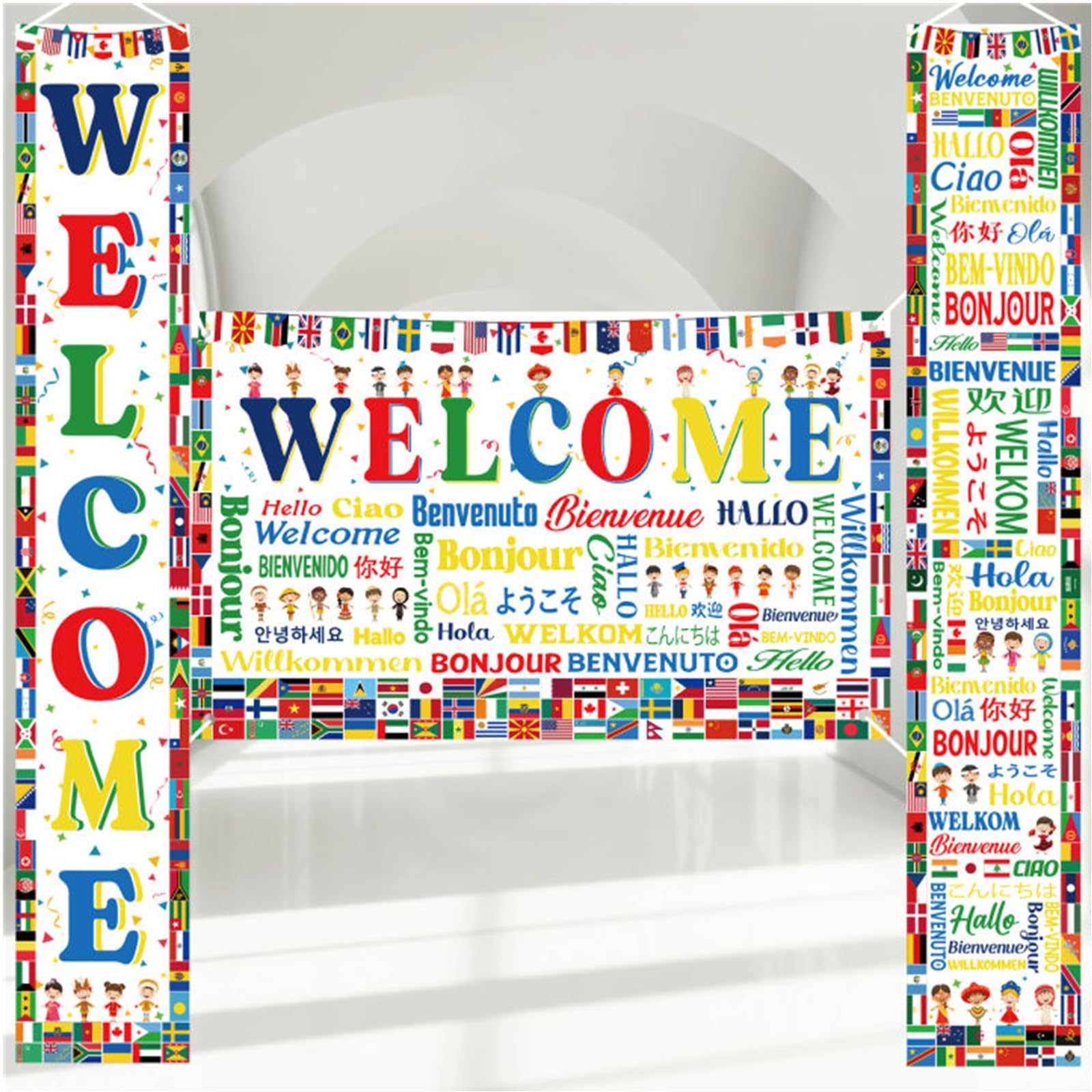 Maritown International Welcome Banners World Flags Backdrop Welcome Country Flags Porch Sign Multicultural Decorations for International Sports Events Club Office School Classroom Celebration Decor - Image 2