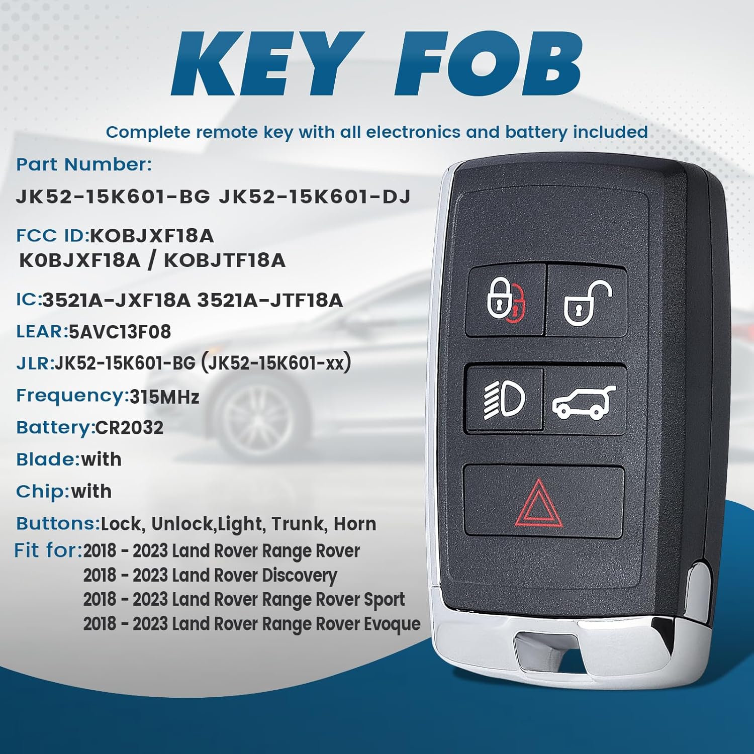 Keyecu for Land Rover Discovery Range Rover 2018 2019 2020 Replacement Remote Car Key Fob 315MHz 5 Buttons KOBJXF18A, Half Keyless,Non-intellegient - Image 2