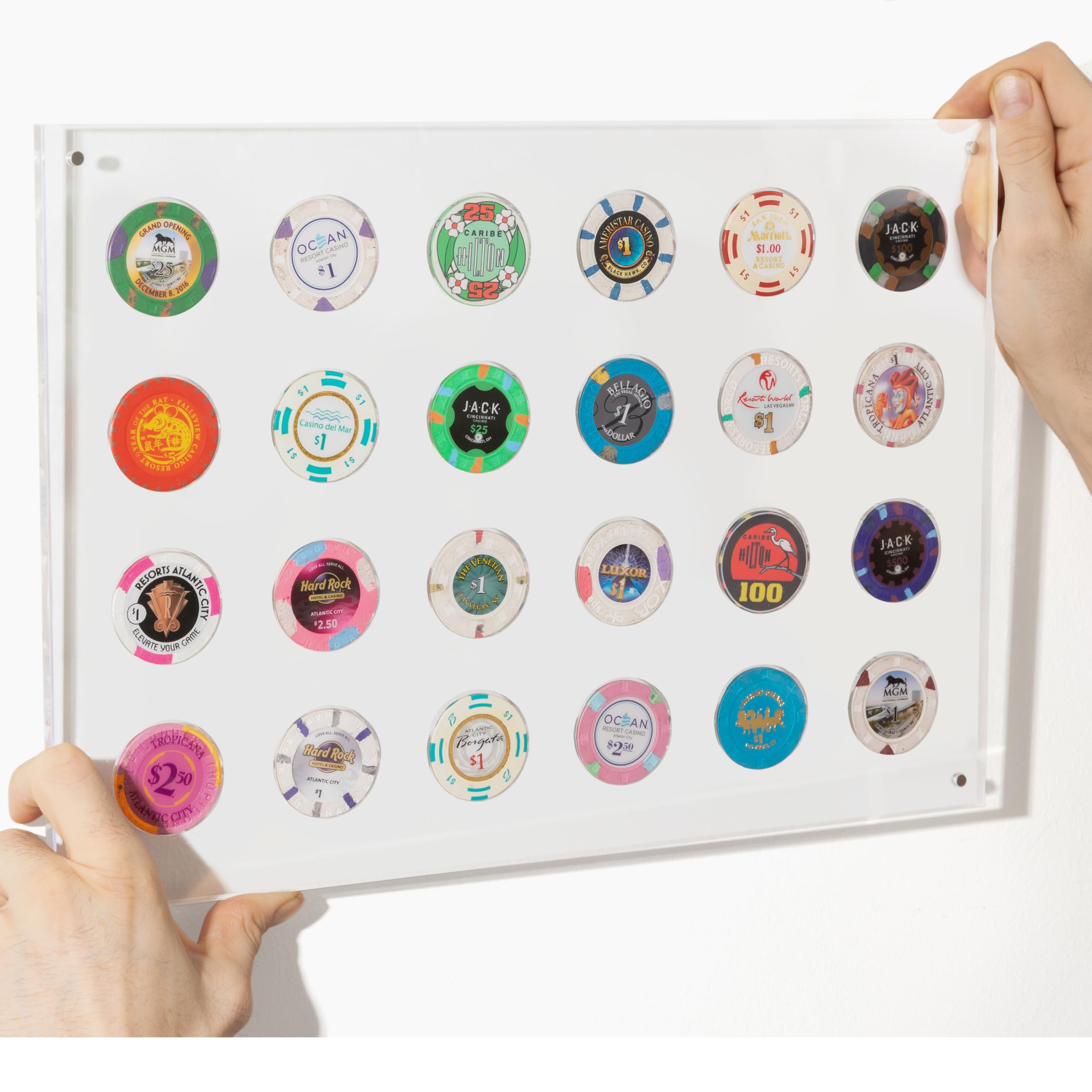 Oakmont Displays Clear Casino Chip Display Holder For 24 Chips Or Coins | Wall Mounted Display Case For Poker Chips - Acrylic Display Frame For Collectors Gamblers, For Gambling Or Poker Friends