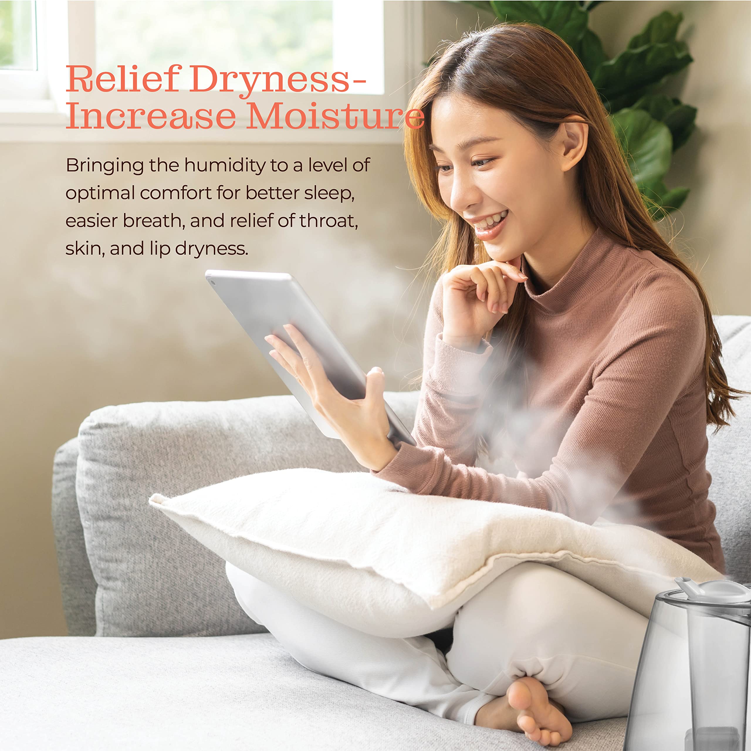 Cool Mist Humidifier - 2.2L Water Tank, for Bedroom, Baby, Quiet Ultrasonic Air Vaporizer, Adjustable Mist Level, 360 Nozzle Rotation, Auto-Shut Off, Large Area Humidifiers Easy Fill and Clean (Grey)