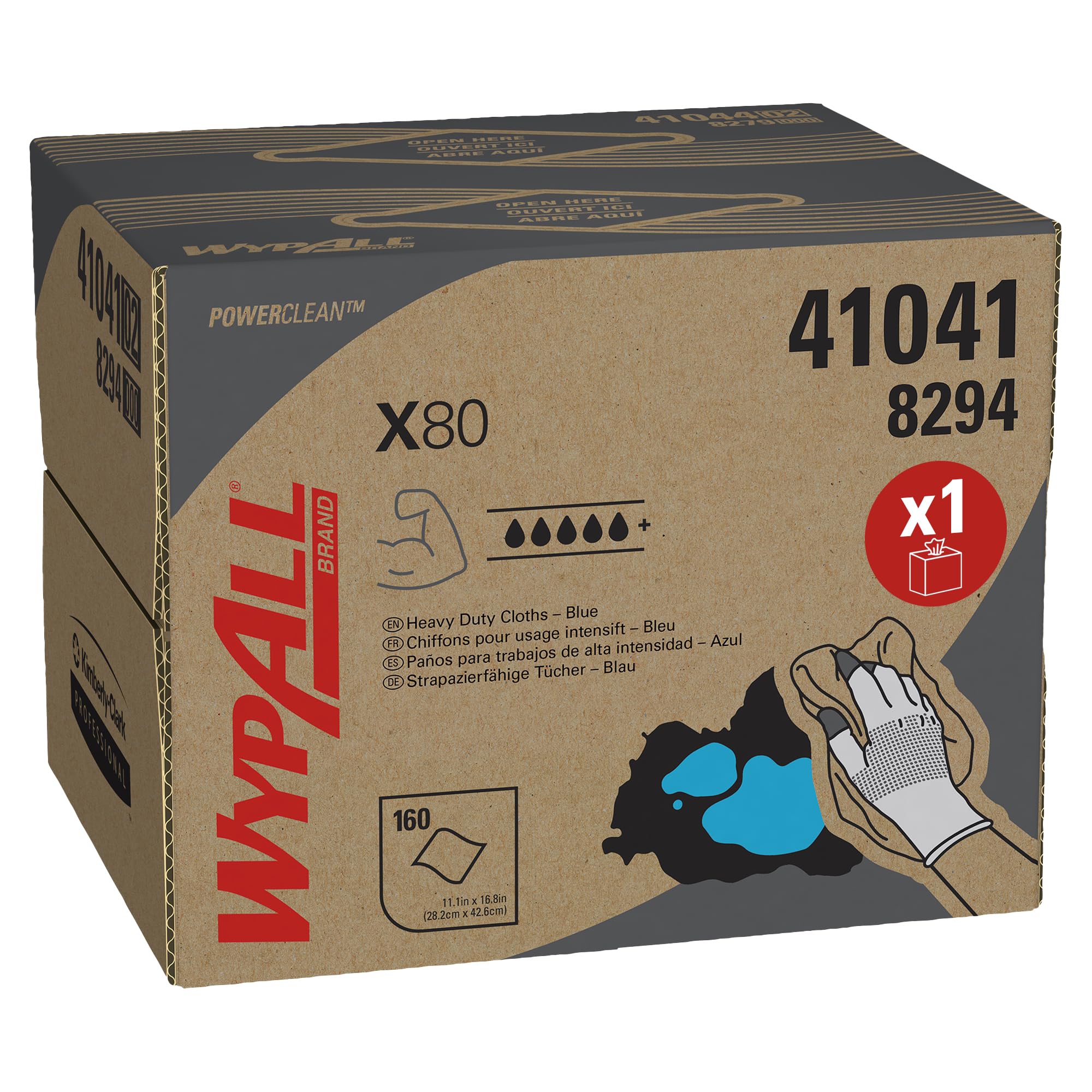 WypAll Cleaning Cloths, Power Clean Industrial Wipes, High Absorbency – Reusable & Durable, Hydroknit Technology, Brag Box, 1 Box x 160 Cloths (160 Total), Model Nr. 8294