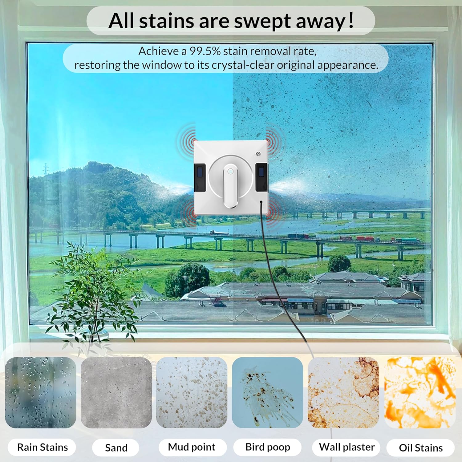 The Soarup90000: Smart Window Robot cleans various stains with high efficiency.