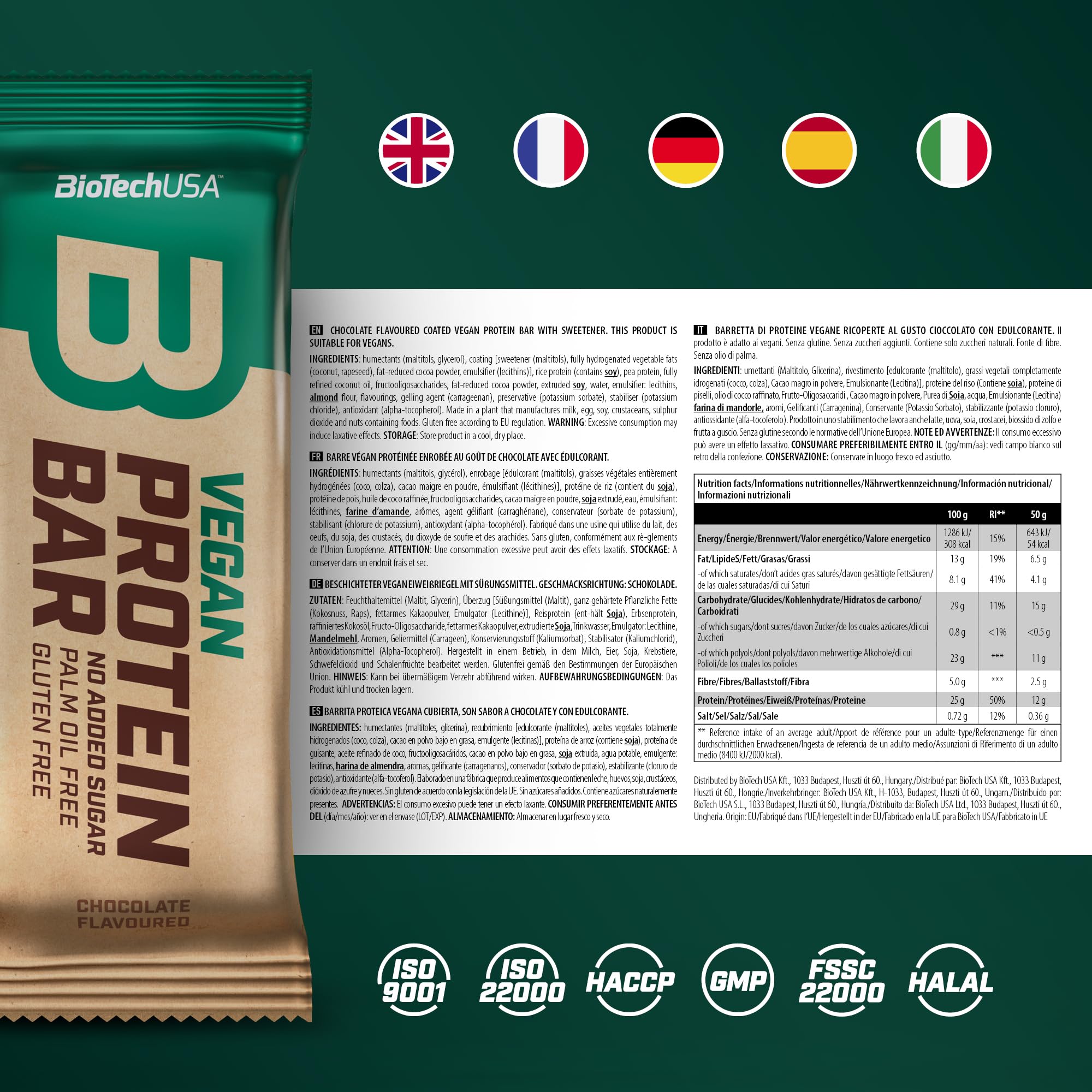 BioTechUSA Vegan Protein Bar, barra de proteína vegana sin lactosa ni gluten, a base de proteínas de origen vegetal, con una sabrosa cobertura de chocolate, 20 * 50 g, Chocolate | Barrita de proteína vegetal | fuente de fibra | bajo en azúcar | sin gluten