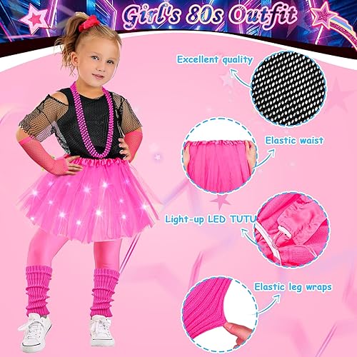 Miniatura 4 de 13 piezas de accesorios de disfraz de los años 80 para niñas, camiseta tutú iluminada, trajes de Halloween de los años 80 y 90, fiesta retro