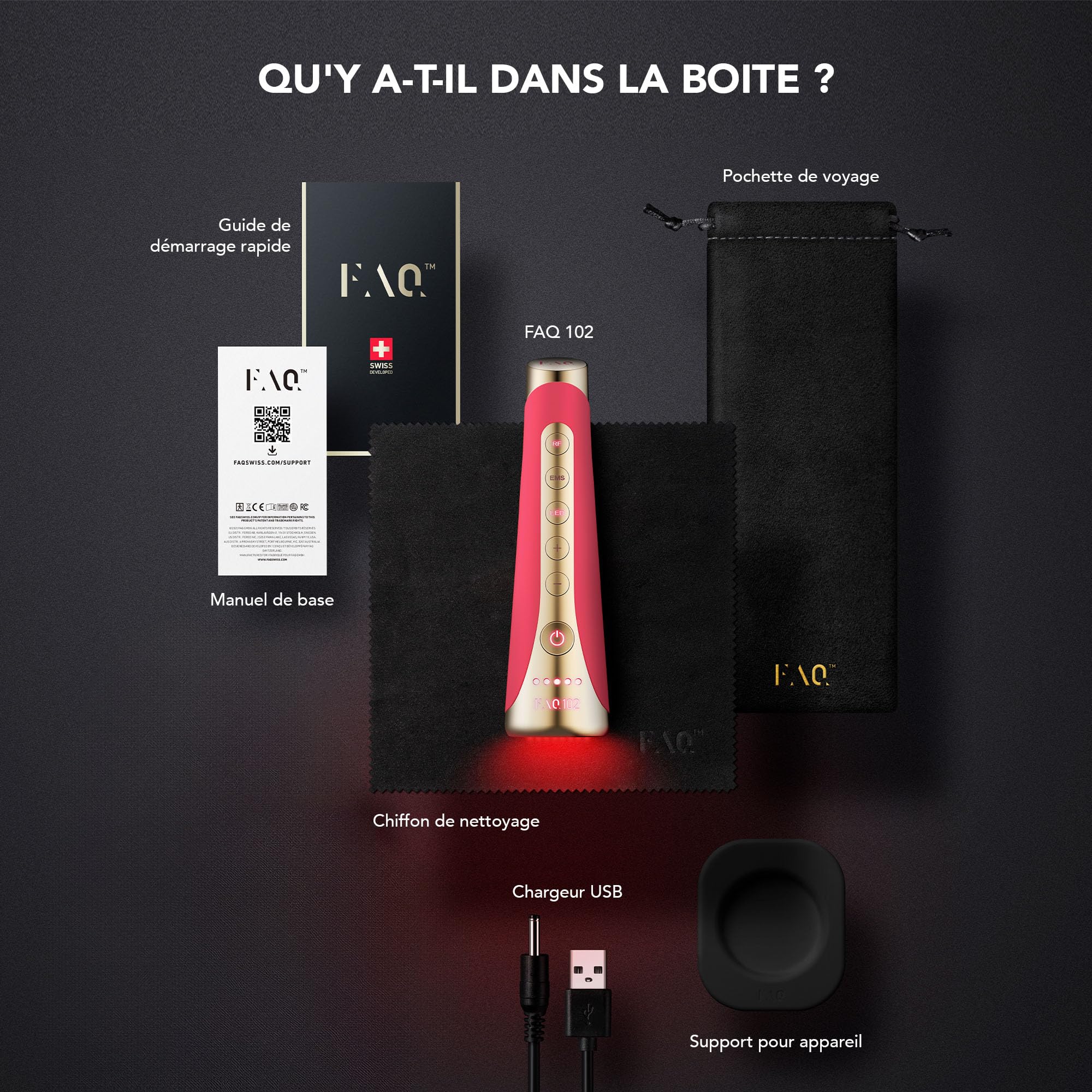 FAQ 102 Appareil Visage EMS, RF & 8 LED - Massage Lumière Rouge, Pink Ruby