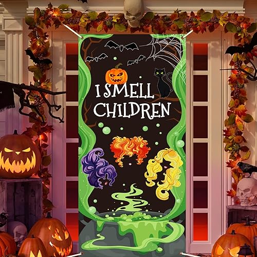 Miniatura 1 de Decoración de puerta de Halloween, cubierta de puerta de bruja de Halloween, con texto en inglés "I Smell Children", letrero de decoración de pared