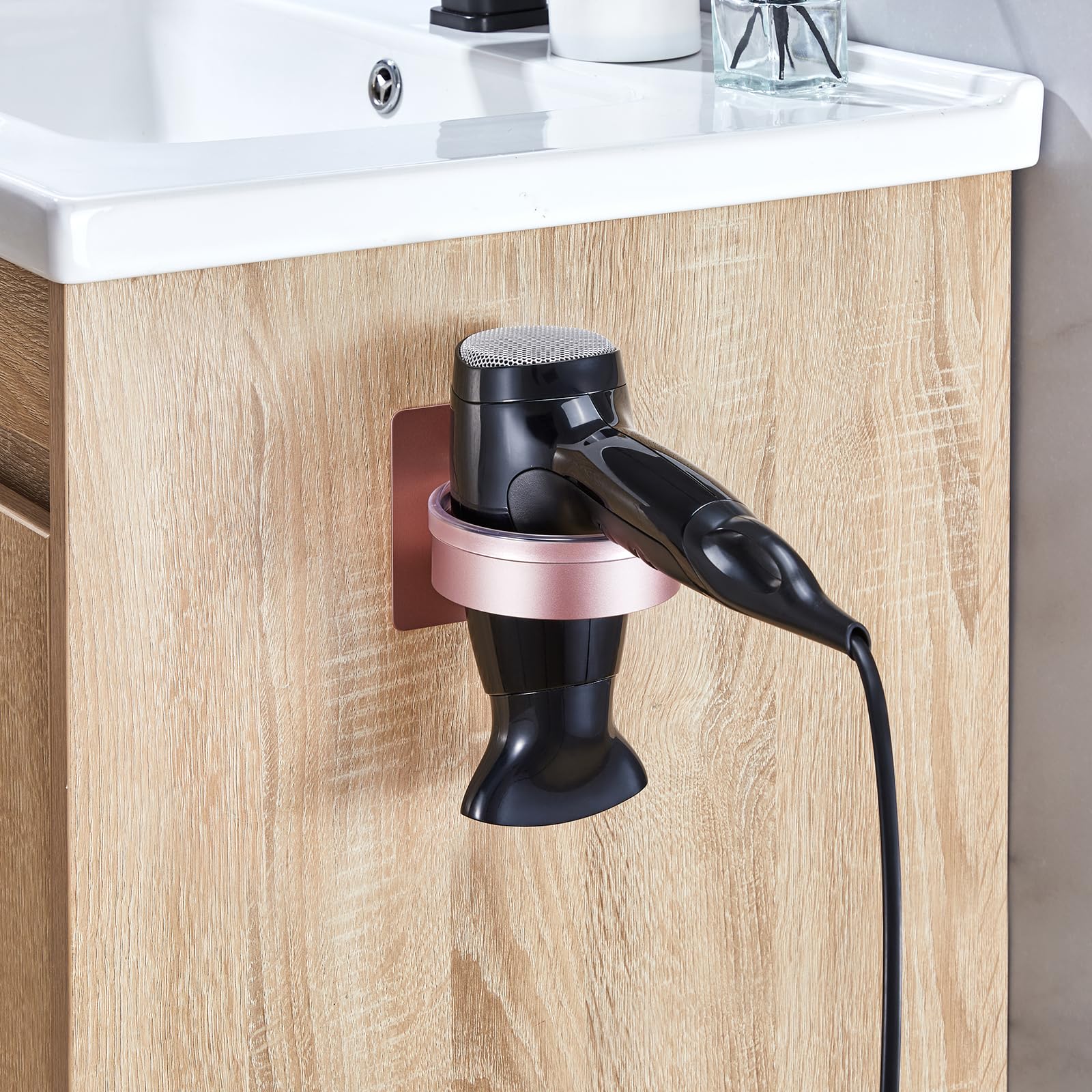 Soporte para secador de pelo montado en la pared, organizador adhesivo para secador de pelo, almacenamiento de herramientas de pelo para baño y salón, accesorios de baño que ahorran espacio, diseño