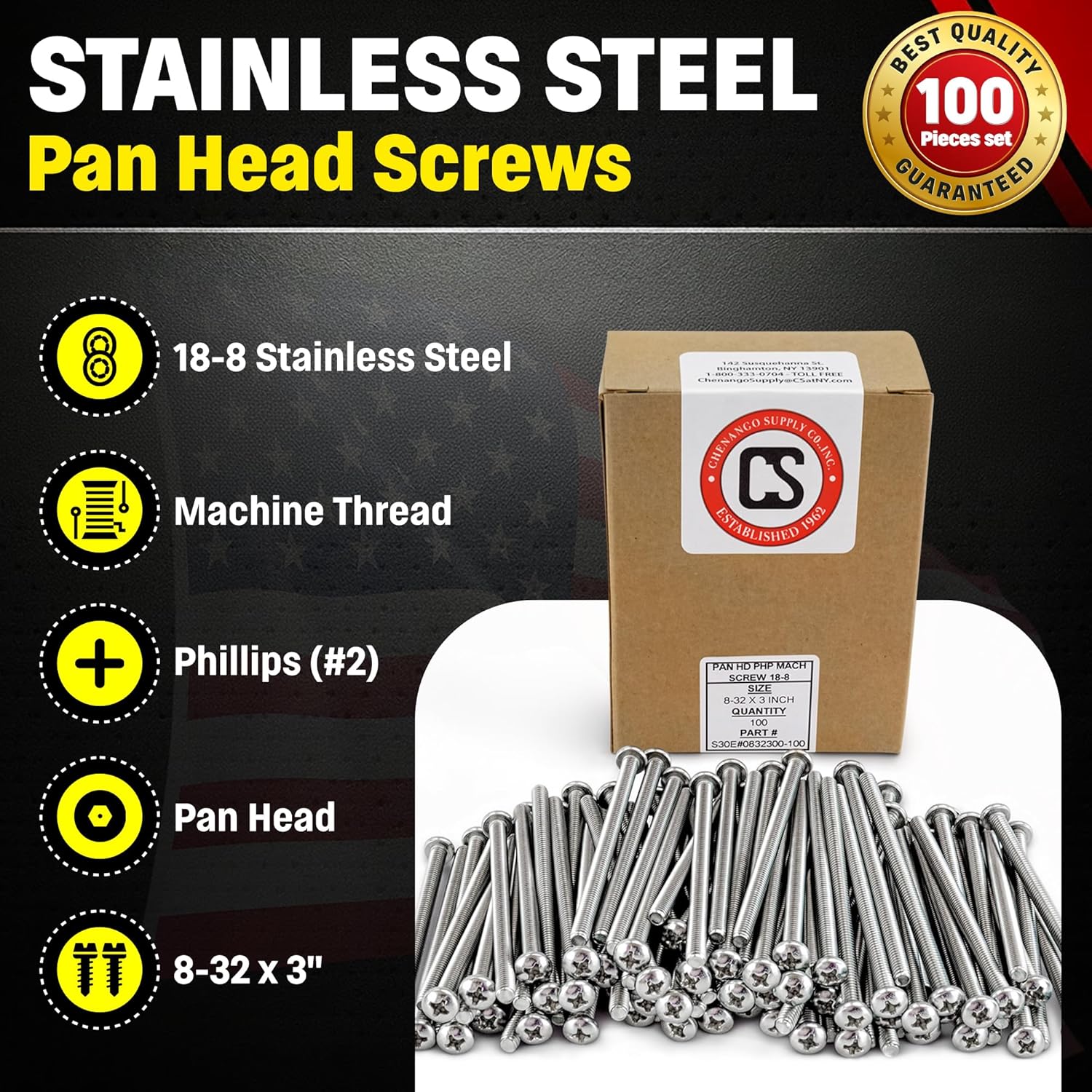 Chenango Supply Stainless 8-32 x 3 Pan Head Machine Screws – 18-8 Stainless Steel, Full Thread, Phillips Drive, Machine Thread, 100 Pieces (8-32 x 3)