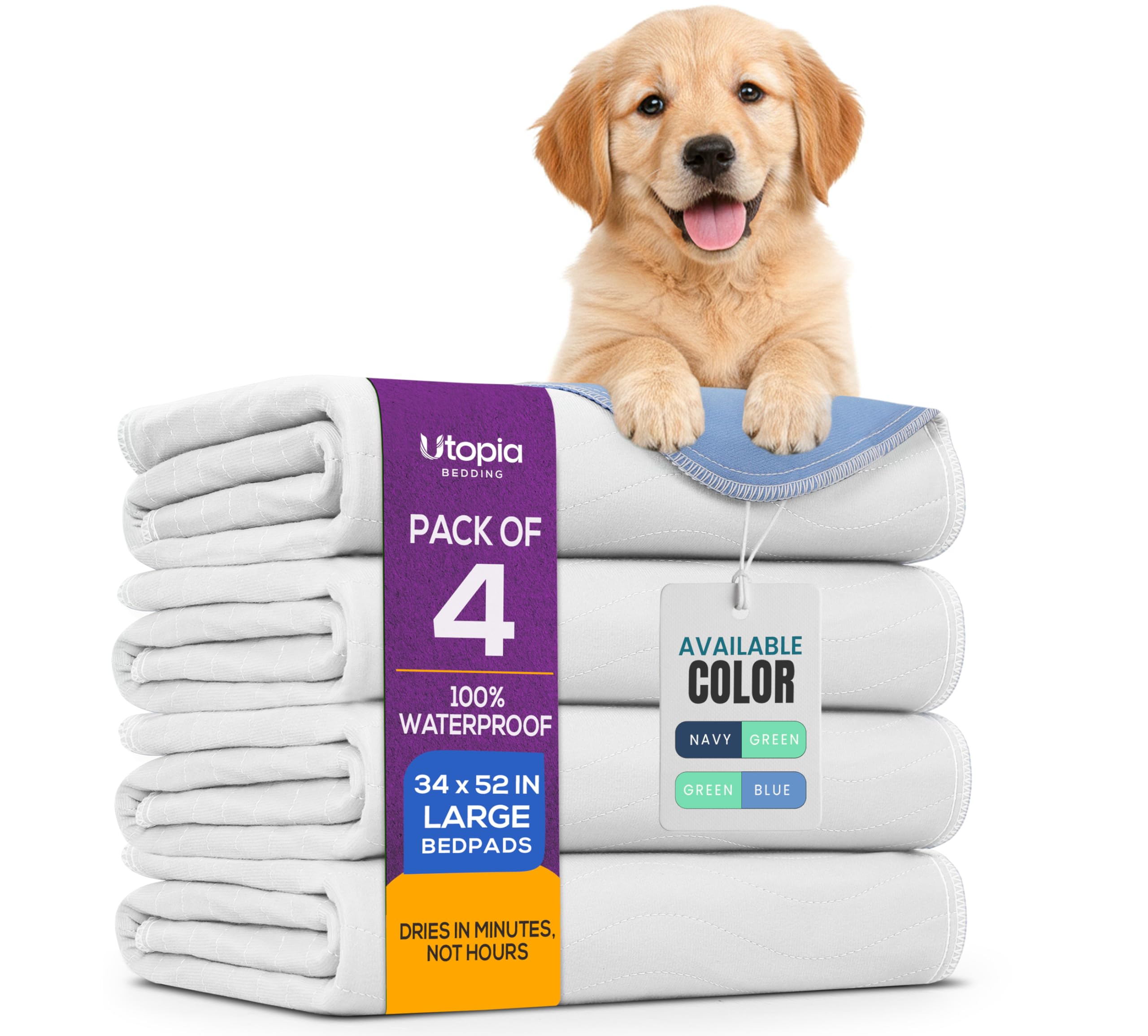 Washable Pee Pads for Dogs 34" x 52" (Pack of 4), Waterproof Incontinence Bed Pads for Adults, Elderly and Kids, Heavy Absorbency Pet Training Pads for Sofa and Couch (White, Blue)