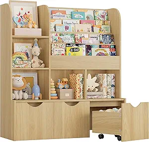 FOTOSOK 47'' Kids Bookshelf with Toy Storage, Multifunctional Bookcase with 5 Storage Cubbies and 3 Movable Drawers, Toy Storager Display Stand, Toy Organizer and Storage for Playroom,Bedroom, Natural
