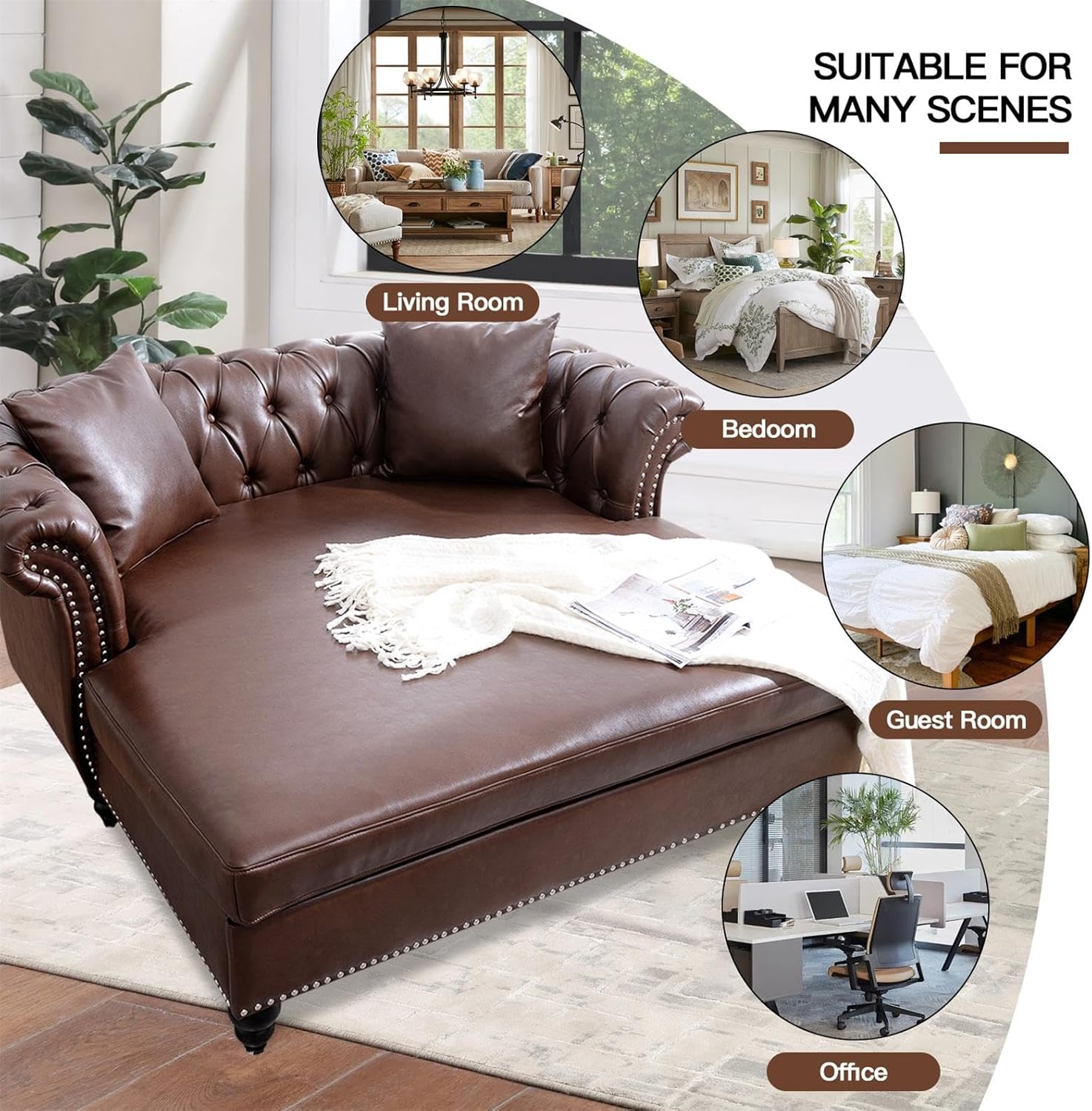 63" Oversized Chaise Lounge Chair, Double Chaise Lounges Sofa, Faux Leather Chesterfield Sofa Indoor with 2 Pillows and Rolled Arm Loveseat Chaise Lounge (Brown)