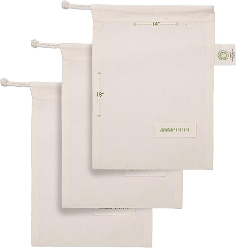 AMOUR INFINI Bolsa de comestibles reutilizable de algodón orgánico  Bolsas de muselina lavables para almacenamiento de frutas y verduras  Juego de 3
